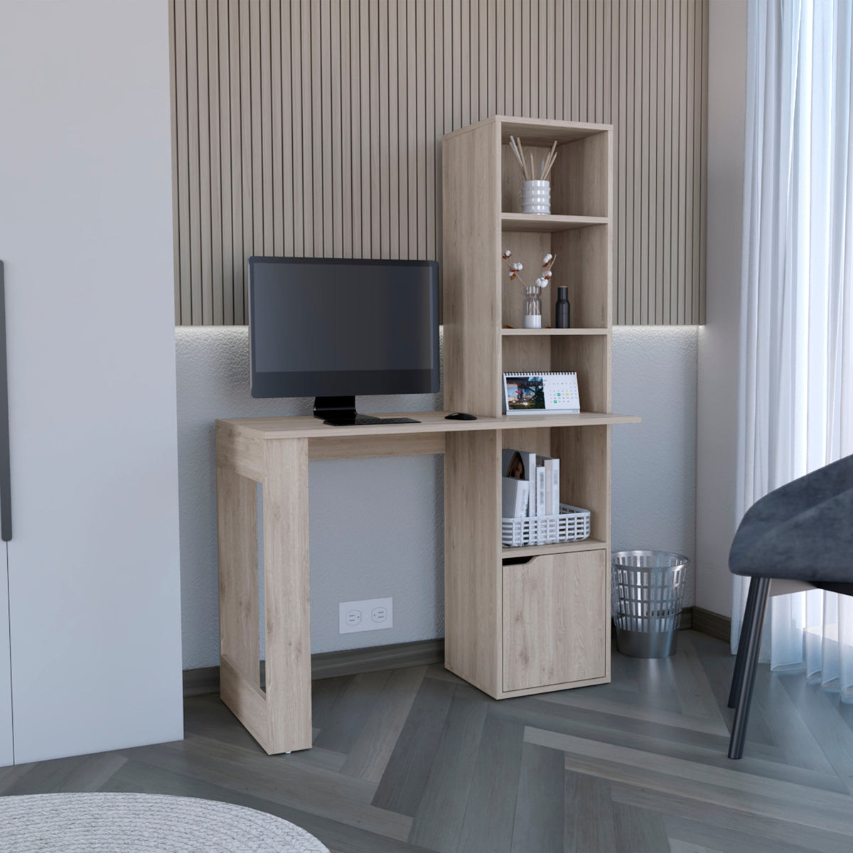 Writing Desk With Bookcase and Cabinet, Light Gray