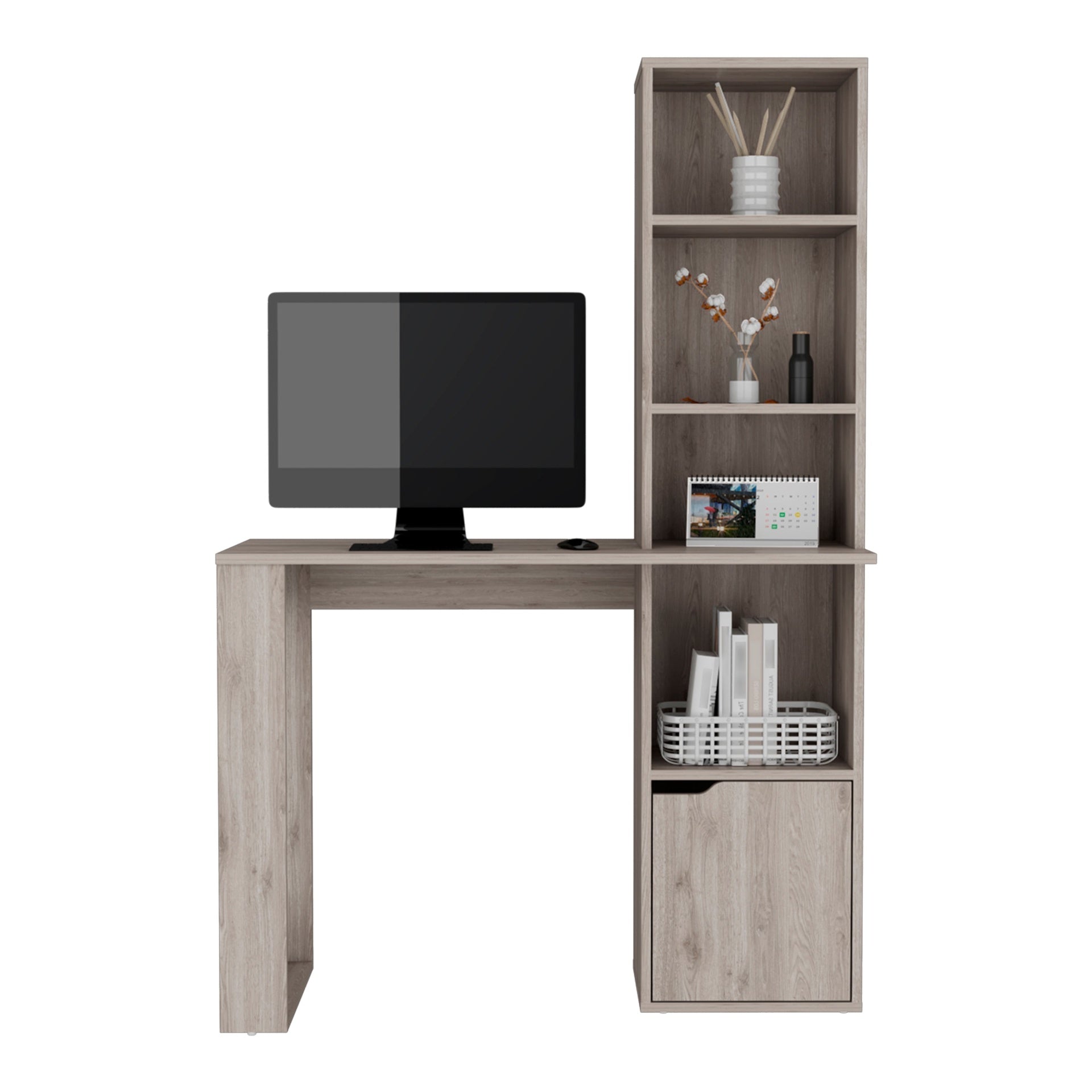Writing Desk With Bookcase and Cabinet, Light Gray