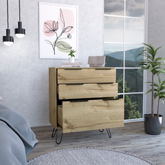 Light Dresser 35 inchH, Three Drawers, Superior Top, Hairpin Legs, Light Oak