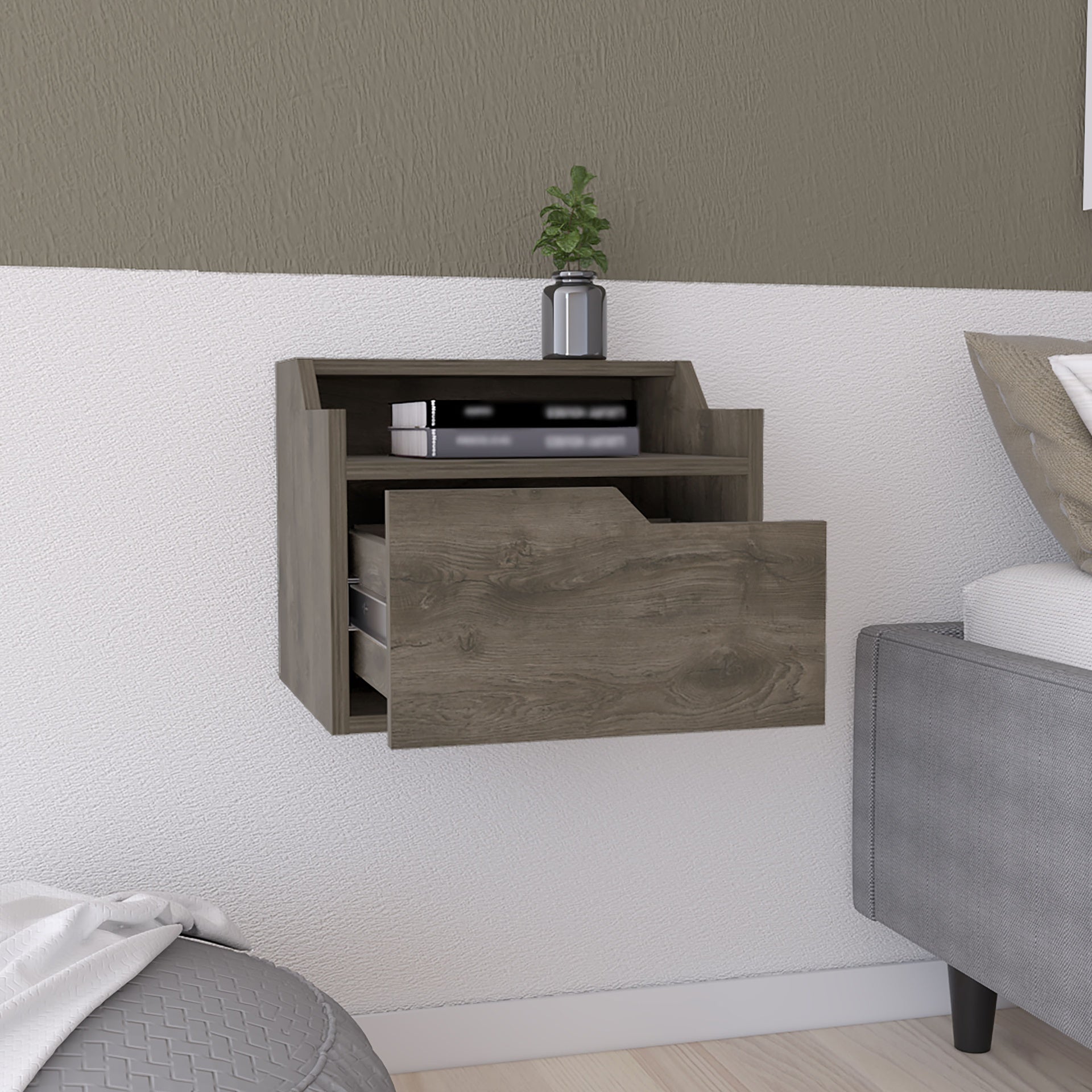 Winchester Floating Nightstand, Modern Dual-Tier Design with Spacious Single Drawer Storage, Dark Brown