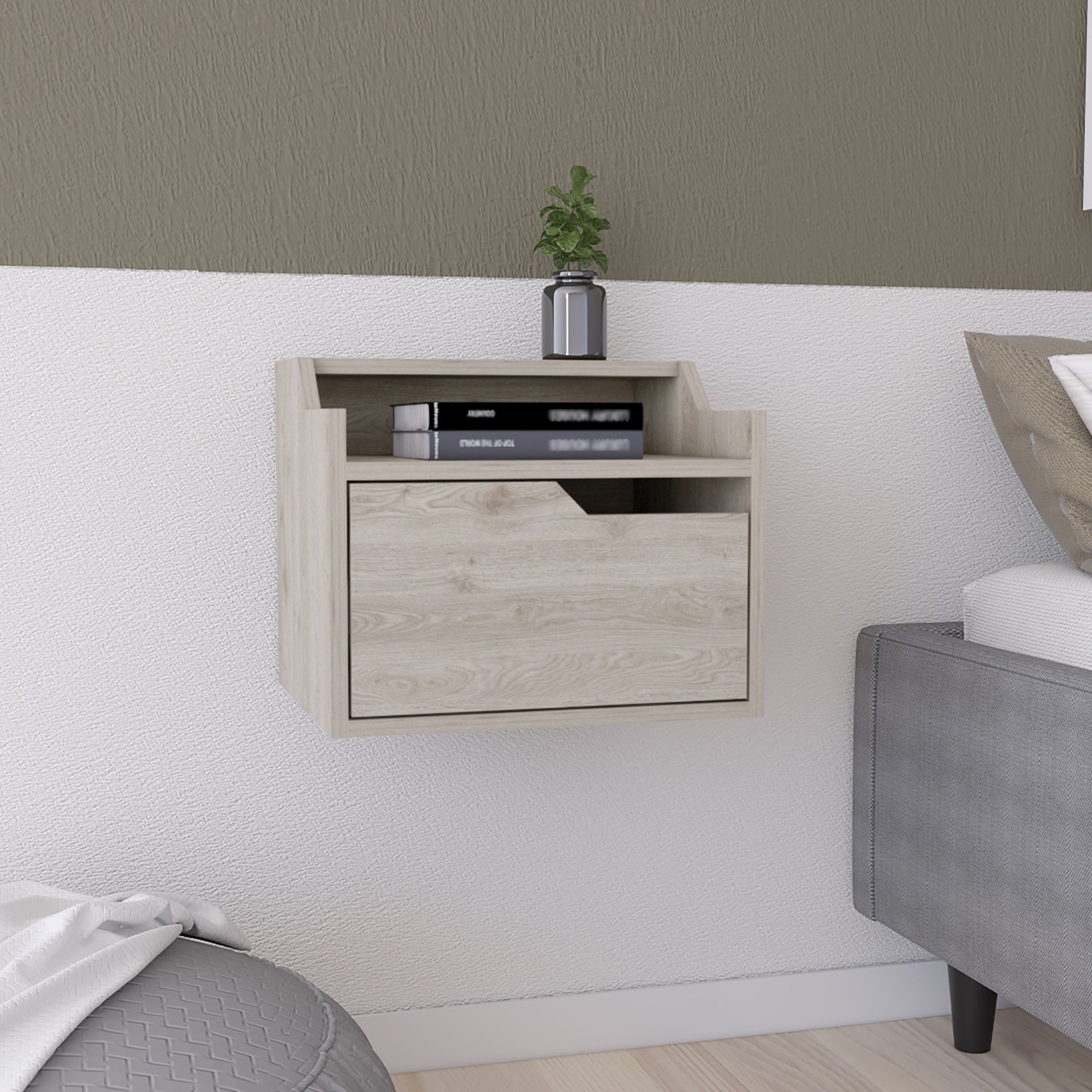 Winchester Floating Nightstand, Modern Dual-Tier Design with Spacious Single Drawer Storage, Light Gray