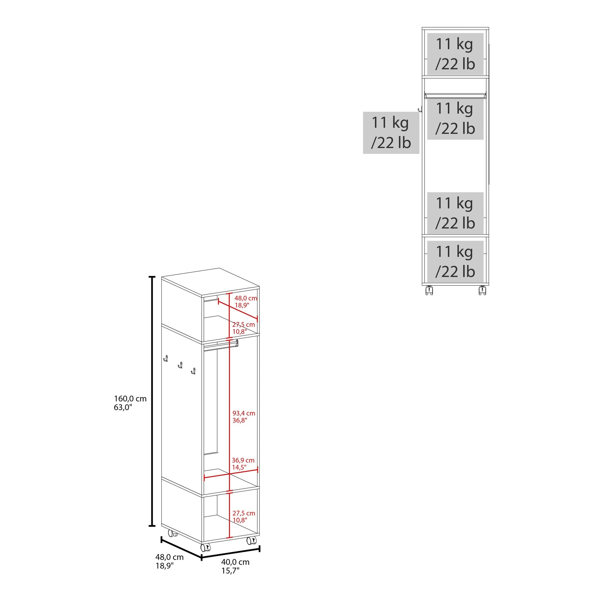 Armoire 63 inchH, with 3 Shelves, 1 Mirror, and 4 Wheels, White
