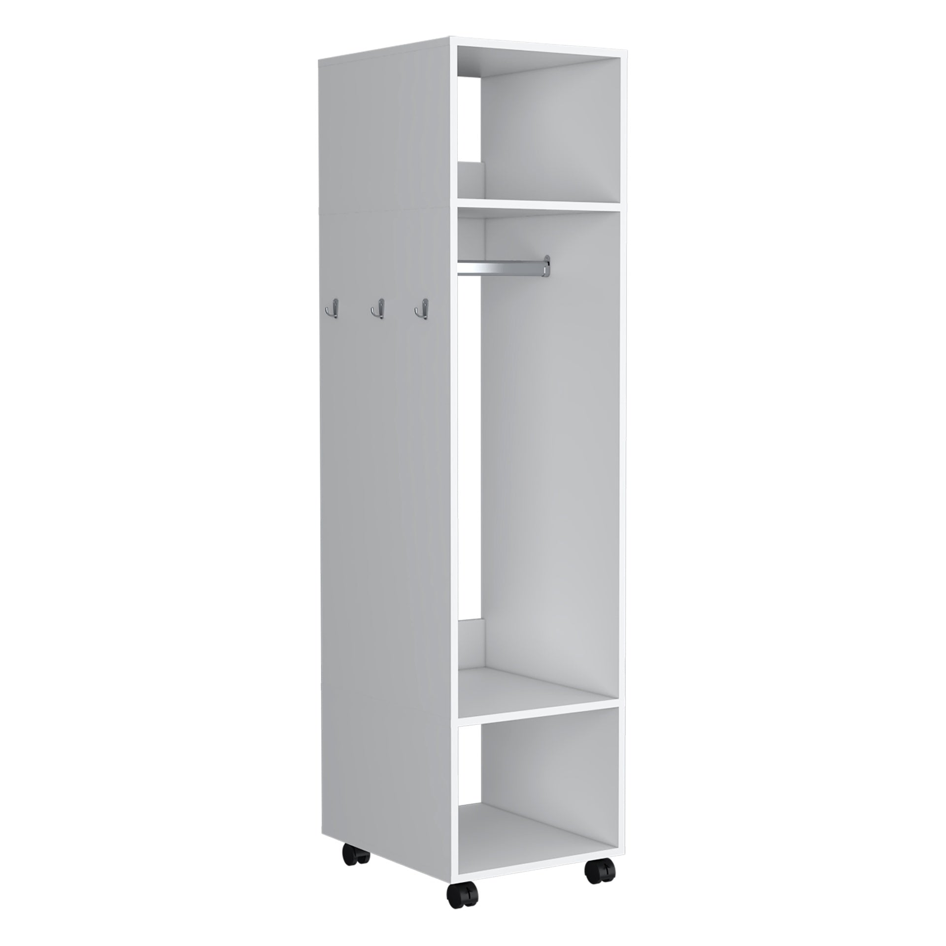 Armoire 63 inchH, with 3 Shelves, 1 Mirror, and 4 Wheels, White