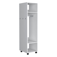 Armoire 63 inchH, with 3 Shelves, 1 Mirror, and 4 Wheels, White