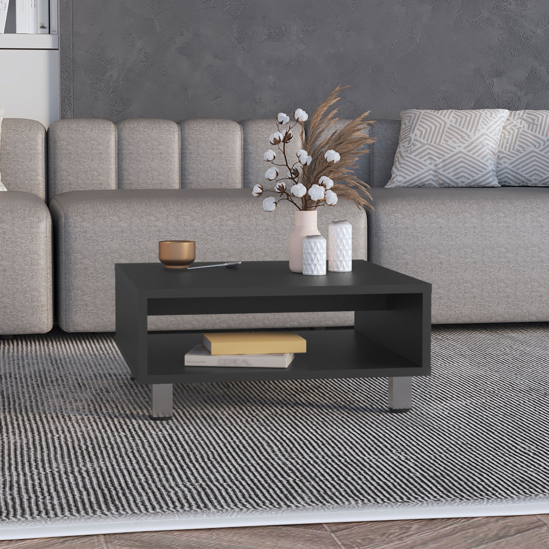 Coffee Table 10.6" H, 1 shelf, 4 legs, Black