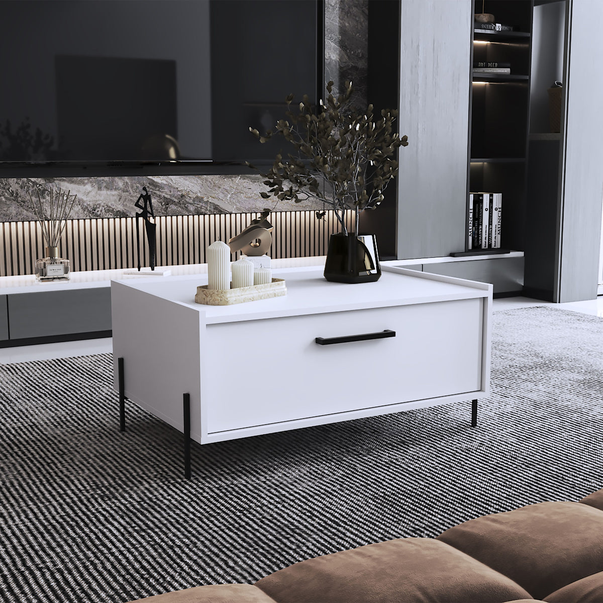 Coffee Table 15.6" H, 1 shelf, 4 legs, White