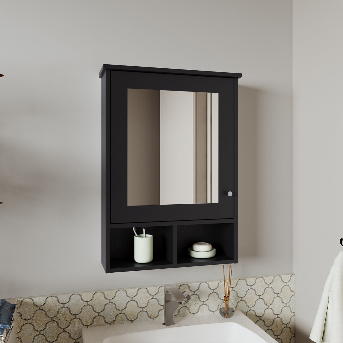Medicine Cabinet 29" H, with 5 Shelves, 1 Door, and 1 Mirror, Black