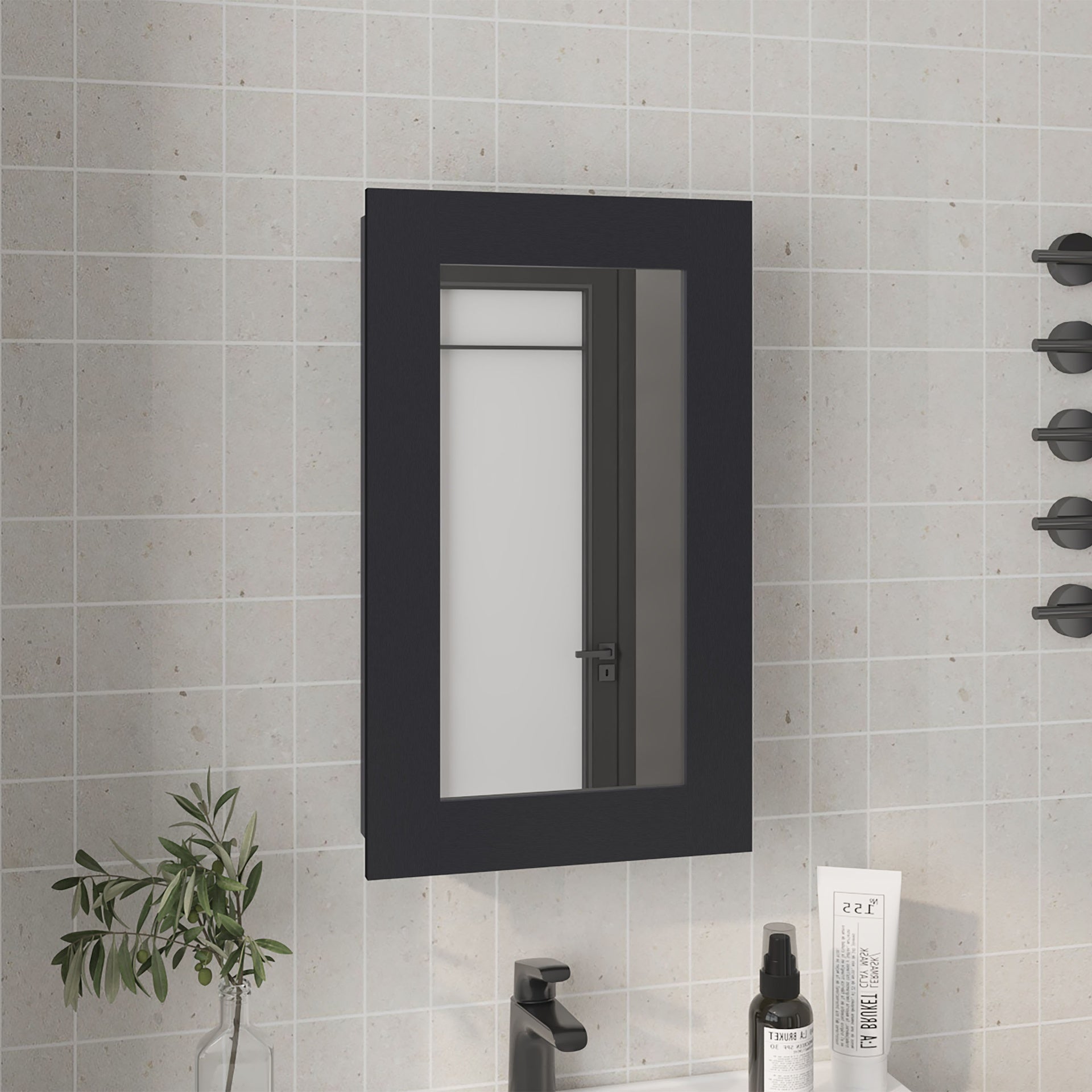 Medicine Cabinet 25.7" H, 1 Door, 3 Shelves, 1 Mirror, Black