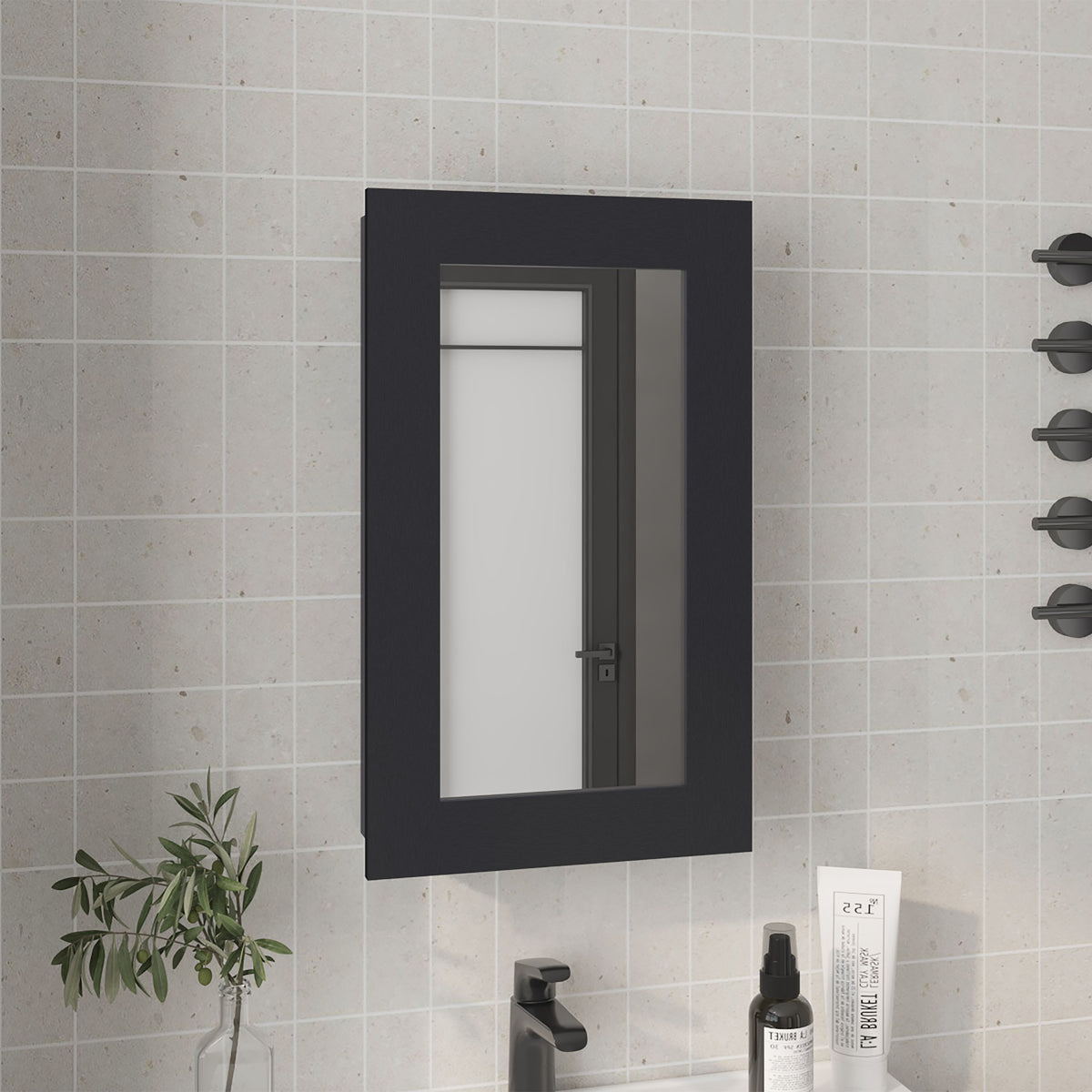 Medicine Cabinet 25.7" H, 1 Door, 3 Shelves, 1 Mirror, Black