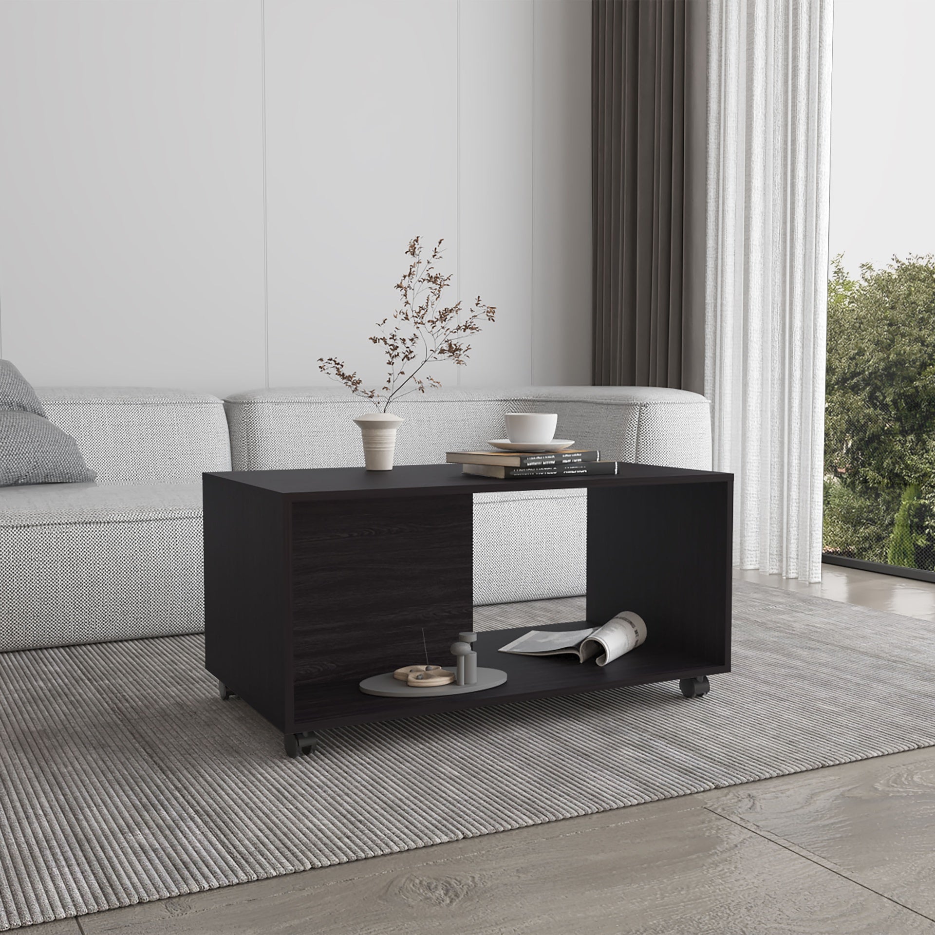 Coffee Table,  4 Wheels, 1 Shelf, Black