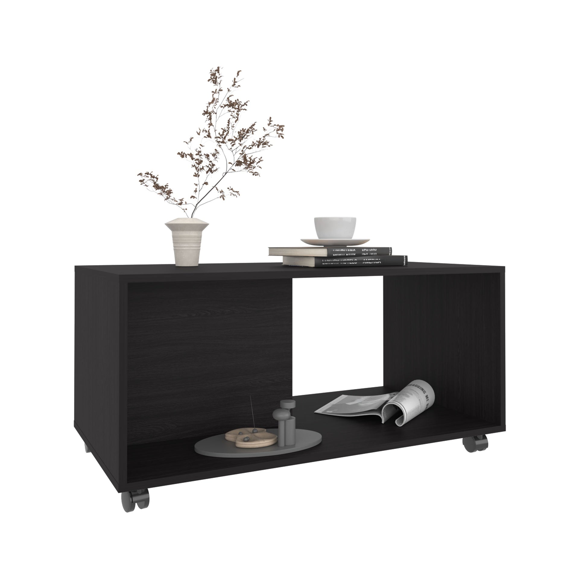 Coffee Table,  4 Wheels, 1 Shelf, Black