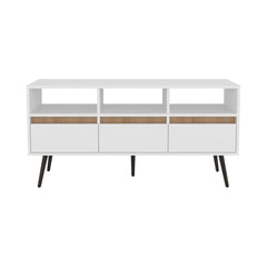 TV Stand, 3 Drawers, 3 Shelves, White / Natural Oak