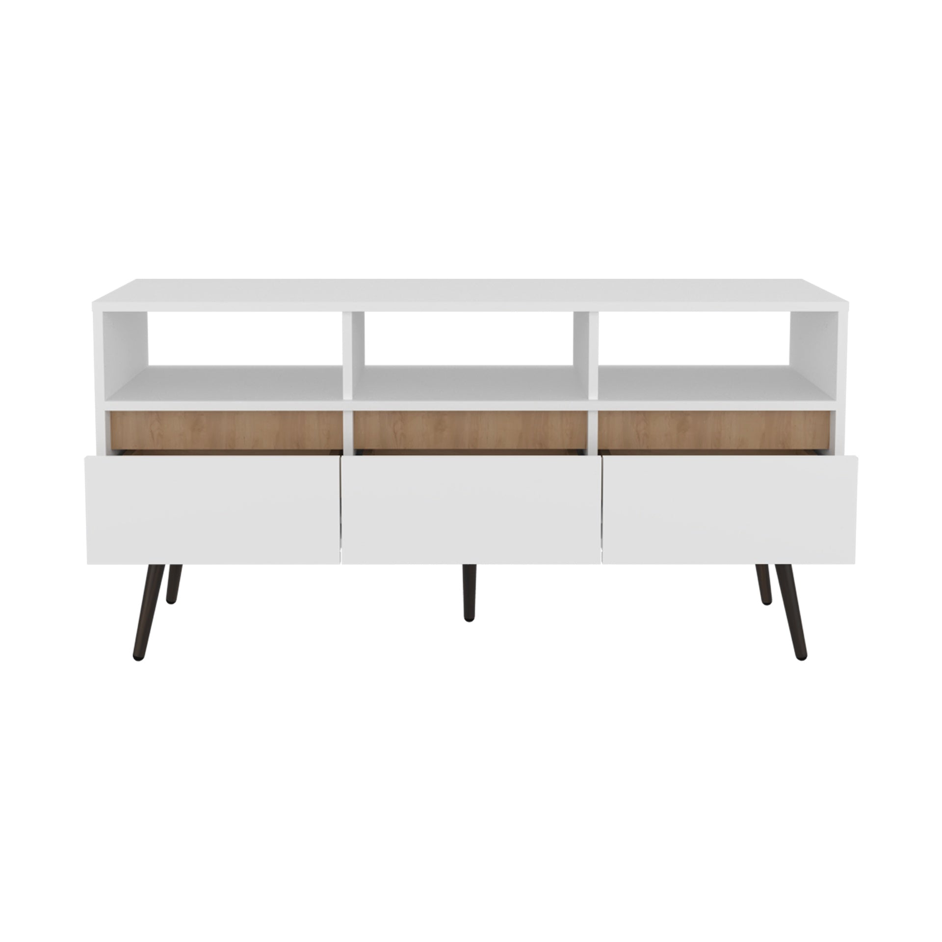 TV Stand, 3 Drawers, 3 Shelves, White / Natural Oak