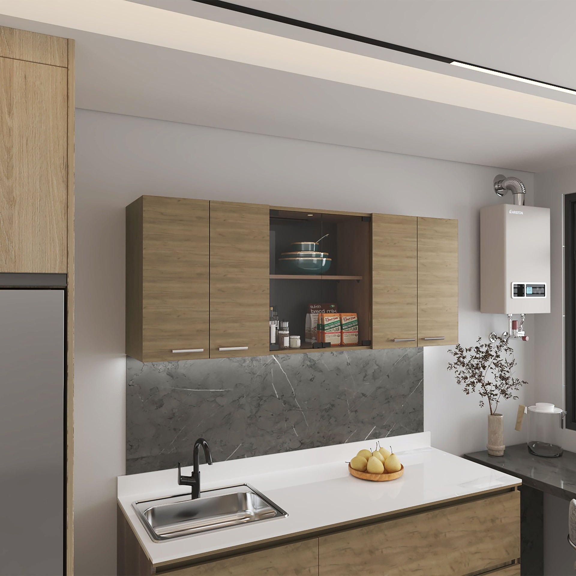 Wall Cabinet 24" H, four Doors, with two internal Shelves and internal plate and glass organizer, two Storage Shelves with two glass Doors