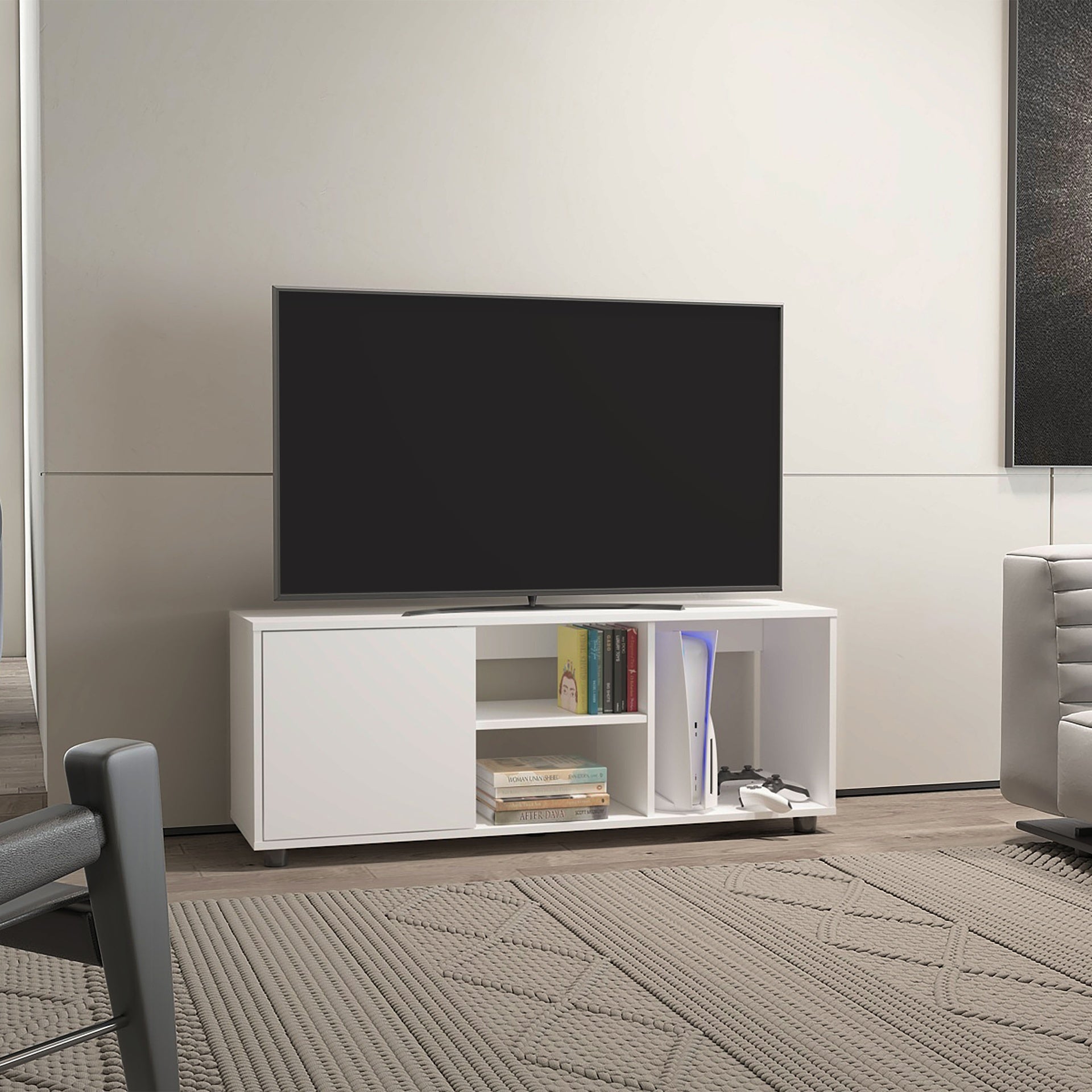 Tv Stand, 1 Door, 4 Shelves, 55" TV Capacity