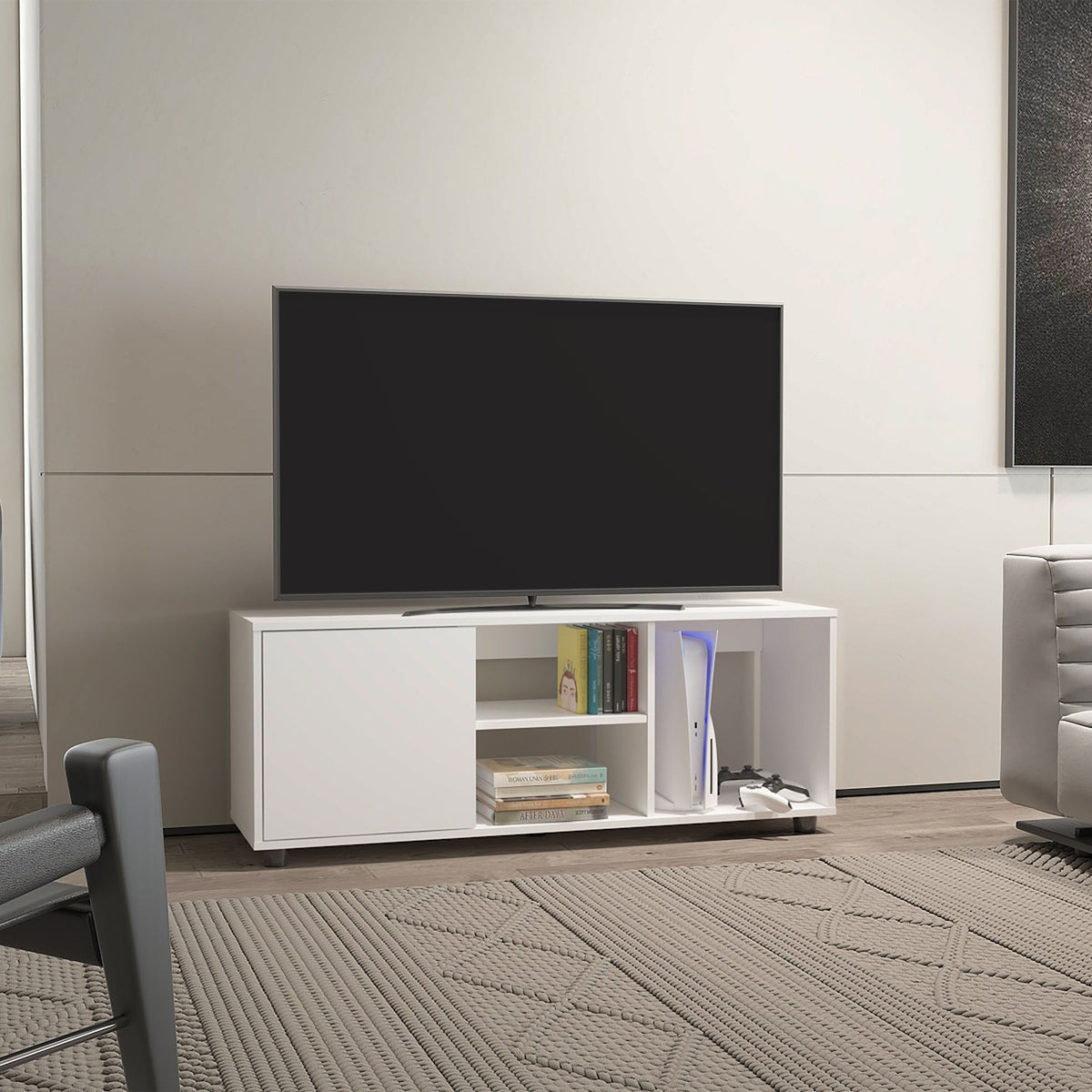 Tv Stand, 1 Door, 4 Shelves, 55" TV Capacity