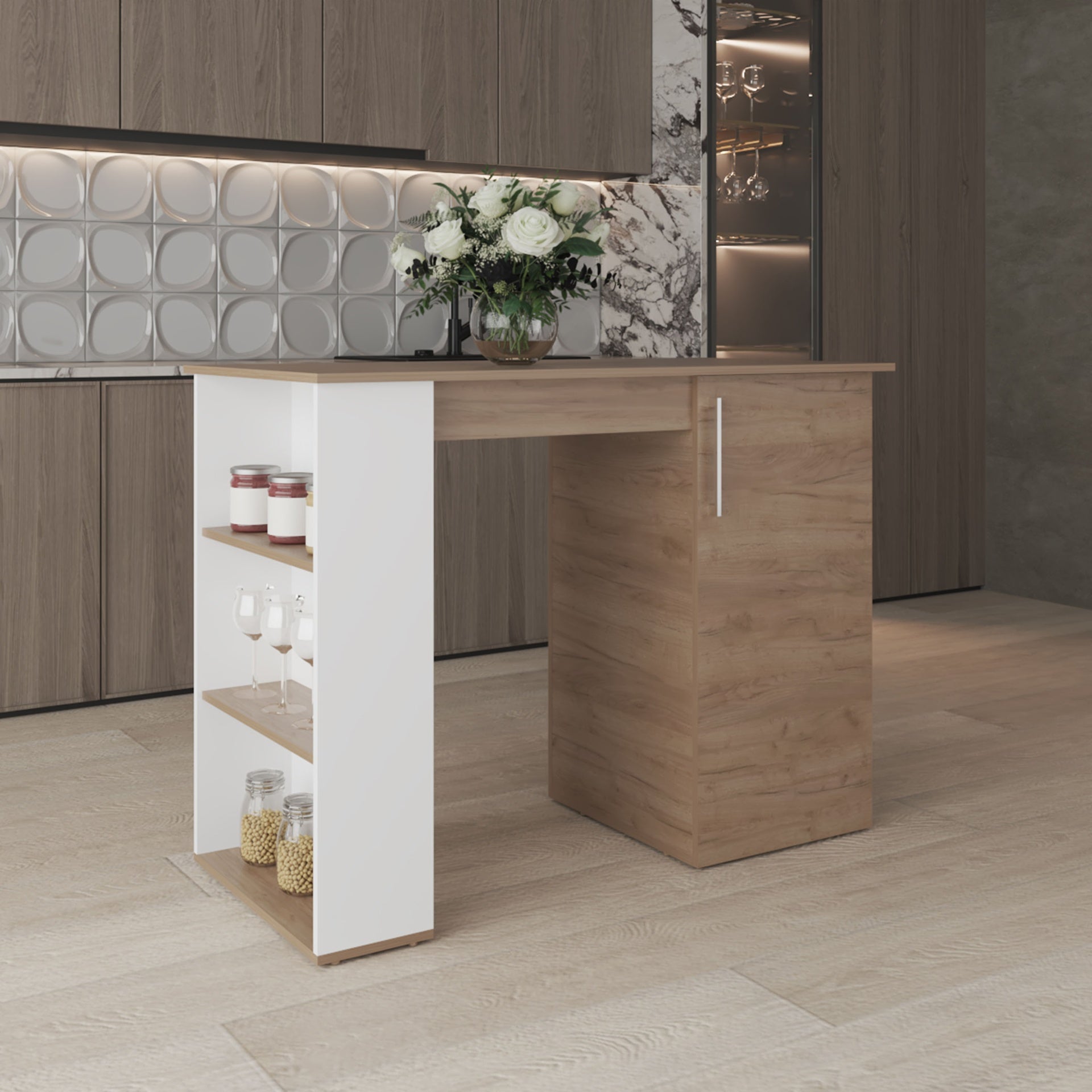Kitchen Island, 1 Door, 5 Shelves