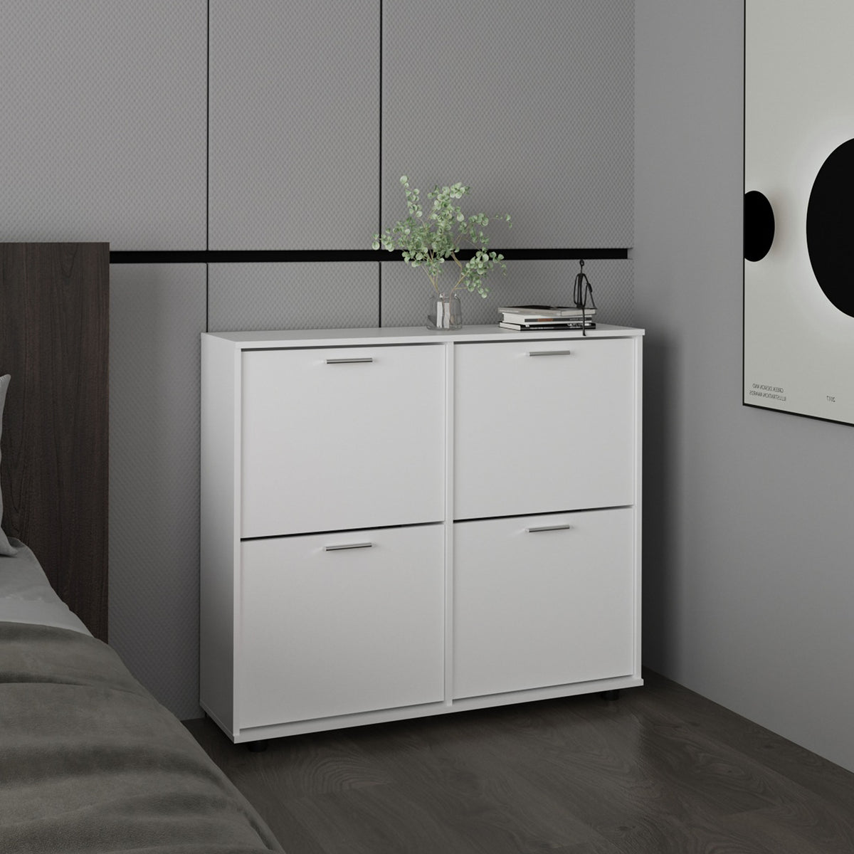Shoe Rack, 4 Doors, 4 Shelves, 4 Legs, White