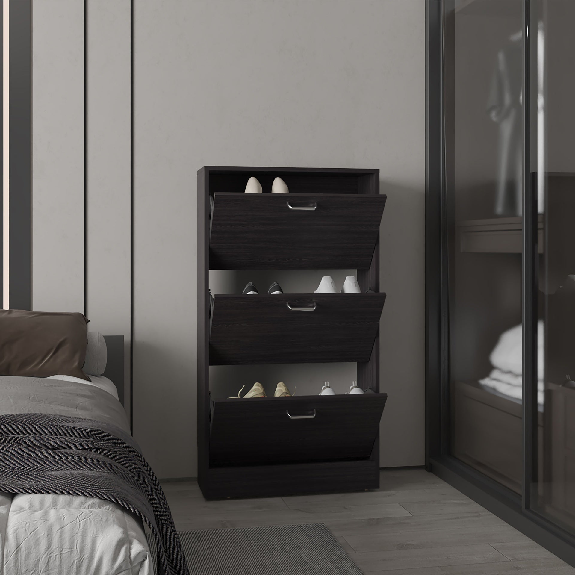 Shoe Rack, 3 Doors, 3 Shelves, Black Wengue