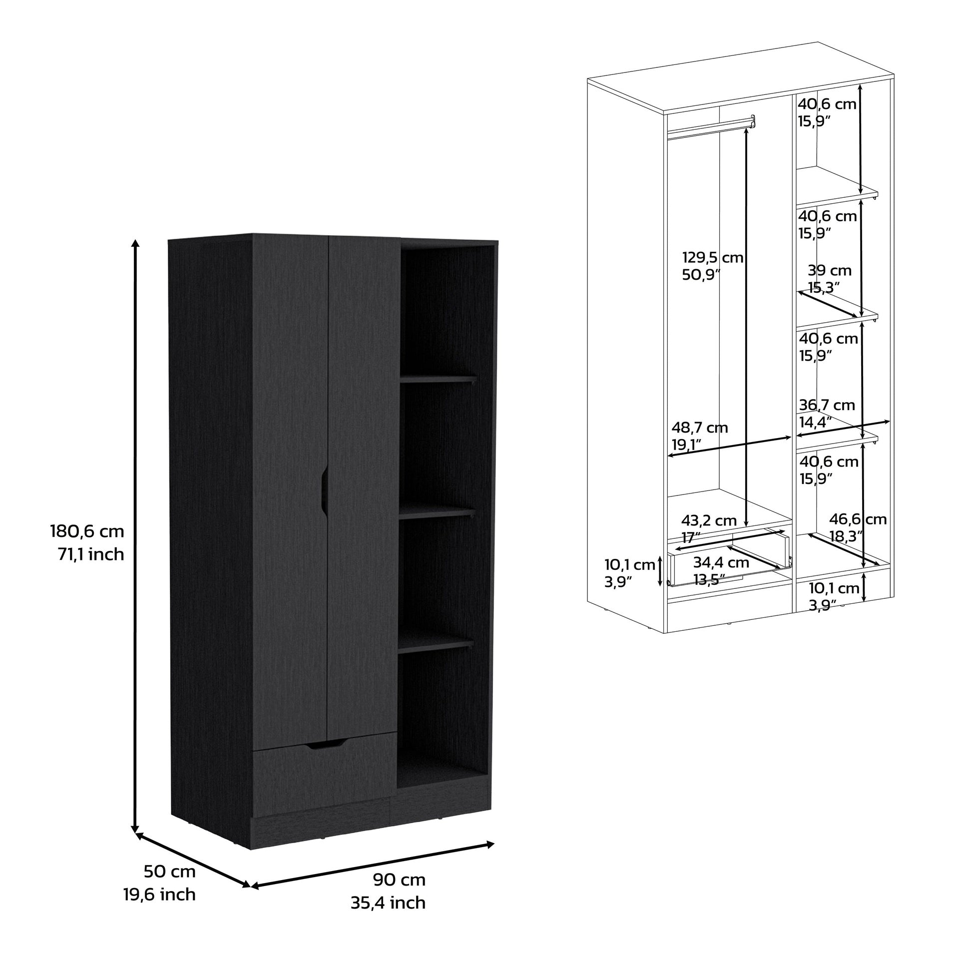 Armoire 71H inch with 1-Drawer and 4-Tier Open Shelves, 2 Doors, Black