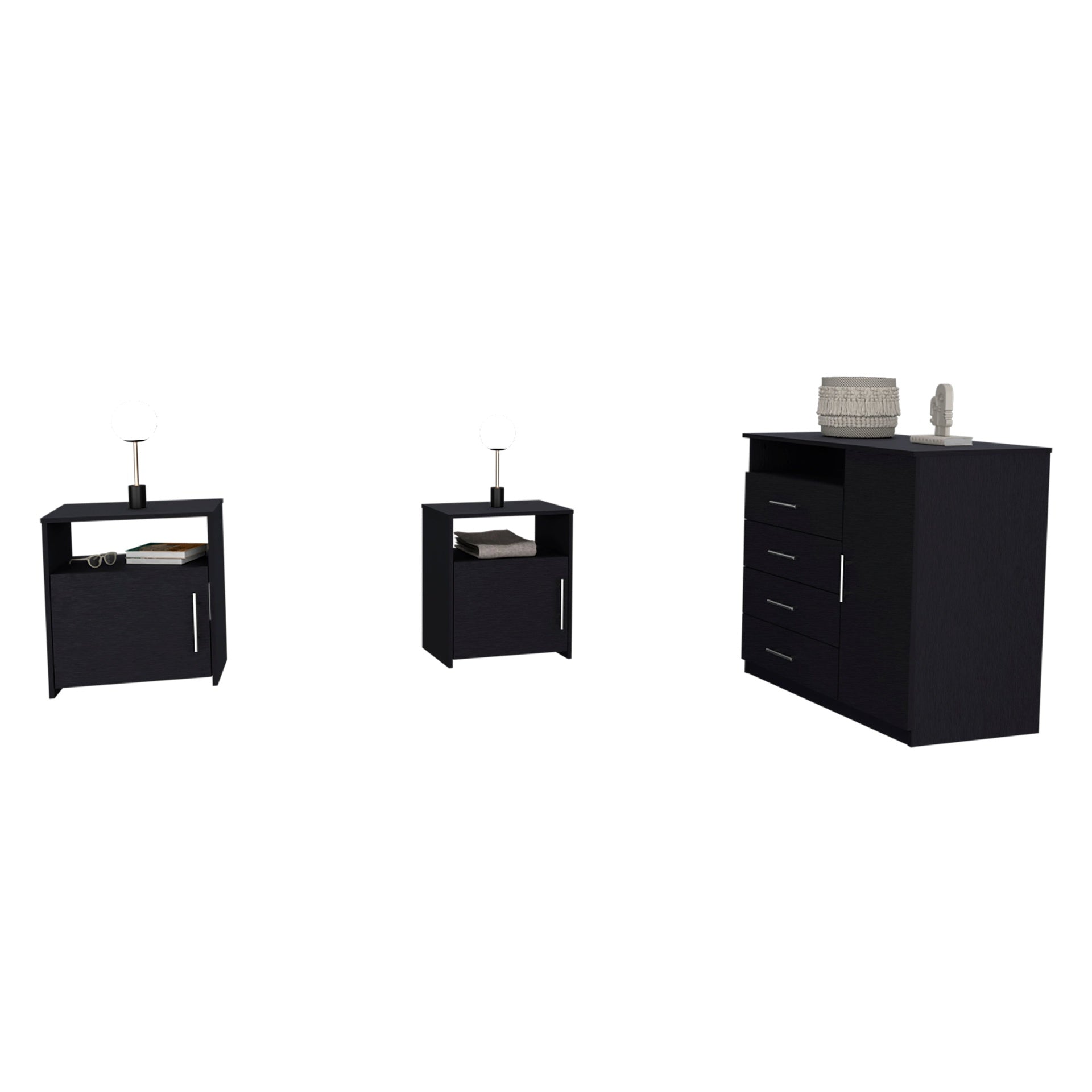 3 Piece Bedroom Set, Rioja 4 Drawer Dresser + 2 Omaha Nightstands, Black