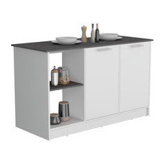 Kitchen Island with Large Countertop, Open Storage Shelves and Double Door Cabinet, White / Onyx