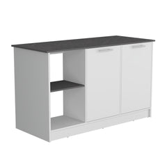 Kitchen Island with Large Countertop, Open Storage Shelves and Double Door Cabinet, White / Onyx