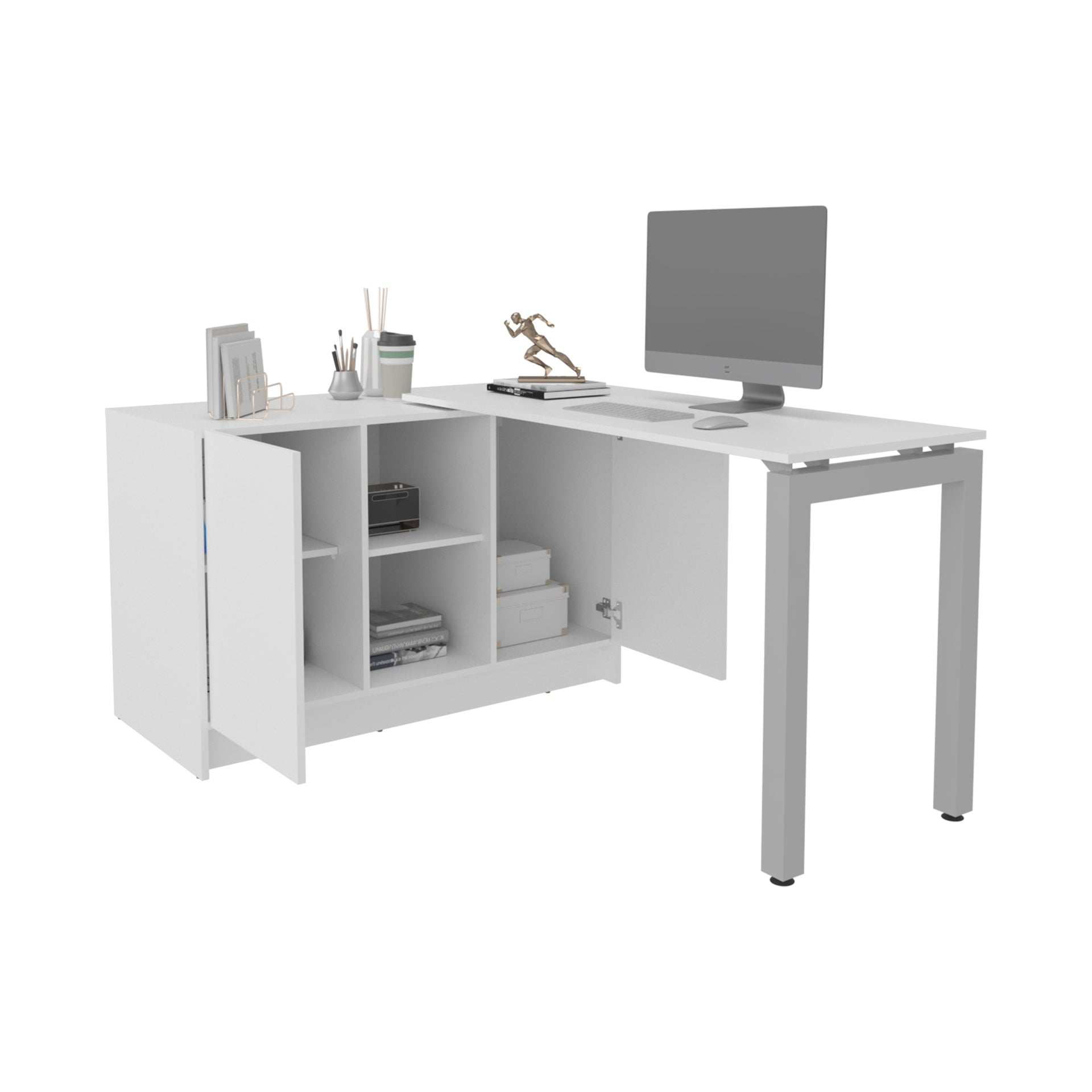Desk 28.5" H, 2 Doors, 5 Shelves, 2 Legs, White - Home Office