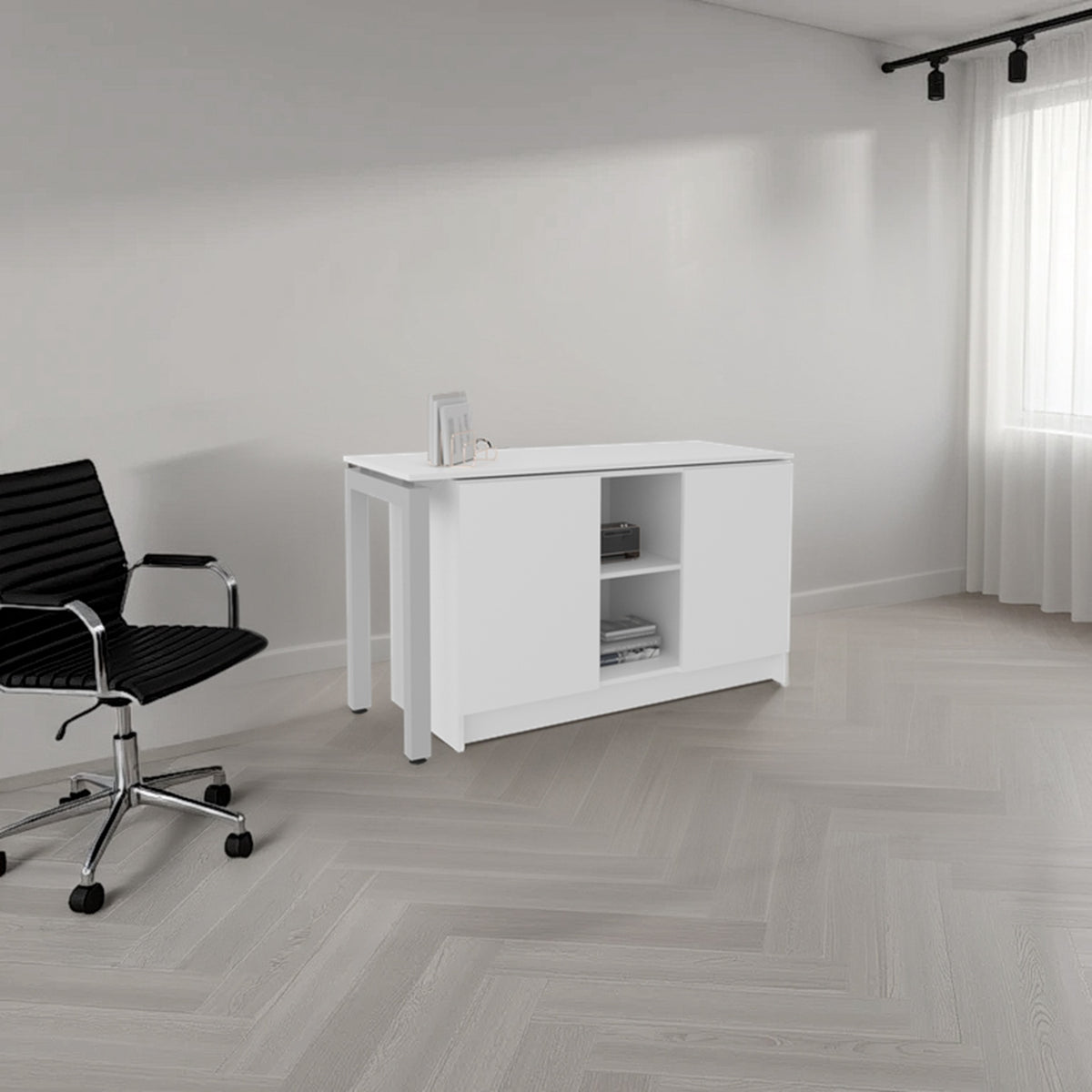 Desk 28.5" H, 2 Doors, 5 Shelves, 2 Legs, White - Home Office