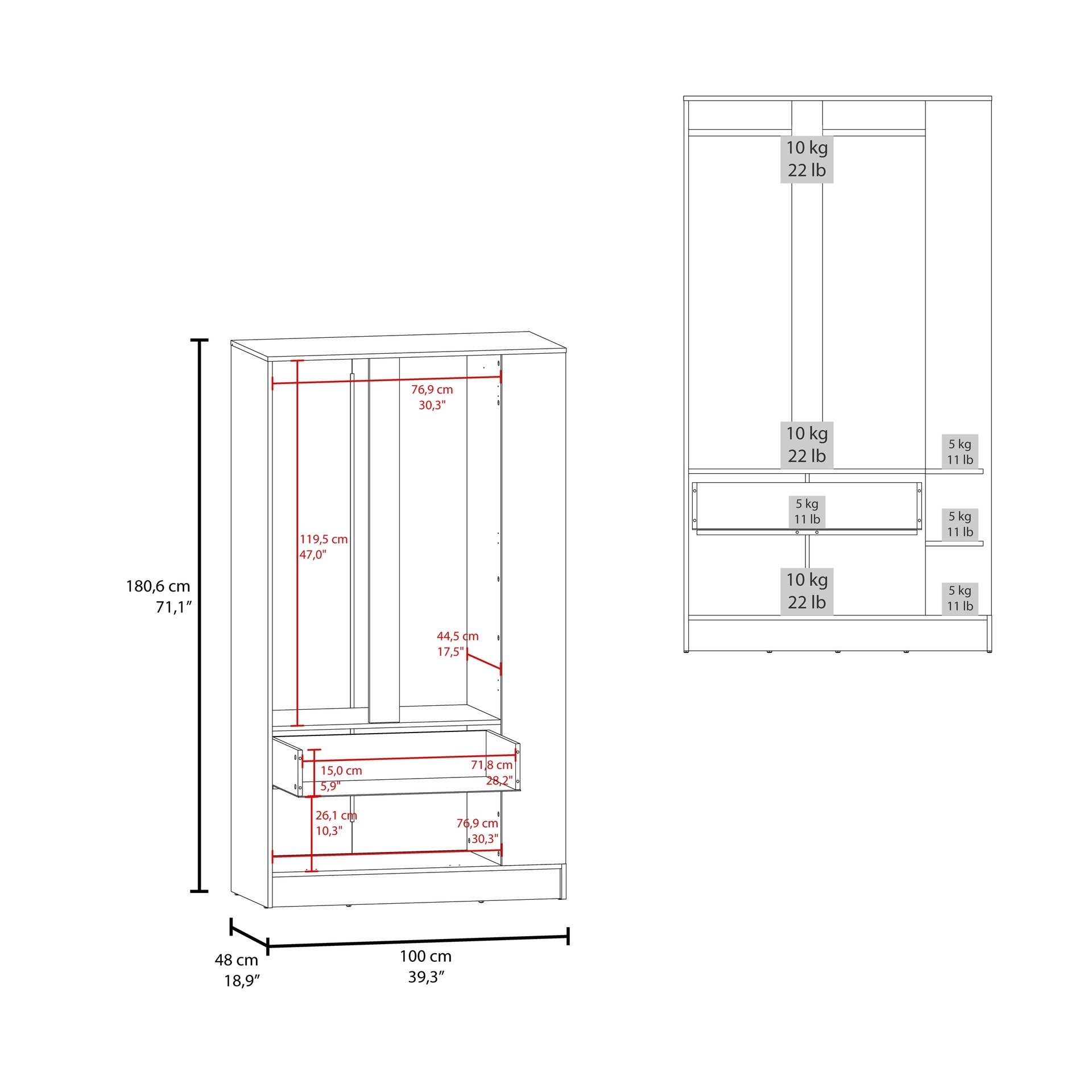 Armoire 71.1 inch H, 3 Doors, 1 Drawer, Black Wengue - Bedroom