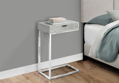 Accent Table, C-shaped, End, Side, Snack, Storage Drawer, Living Room, Bedroom, Grey Laminate, Chrome Metal, Contemporary, Modern