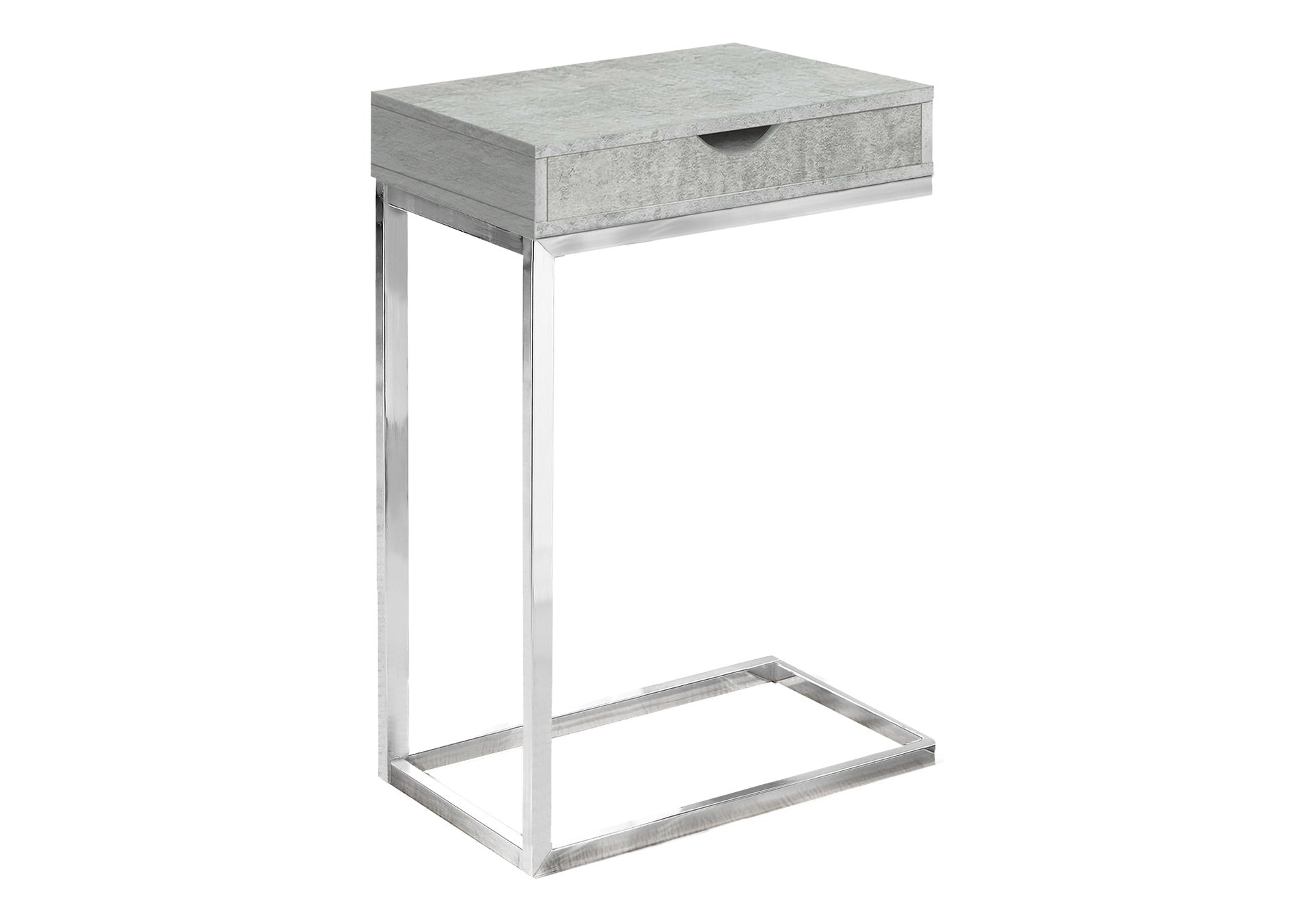 Accent Table, C-shaped, End, Side, Snack, Storage Drawer, Living Room, Bedroom, Grey Laminate, Chrome Metal, Contemporary, Modern