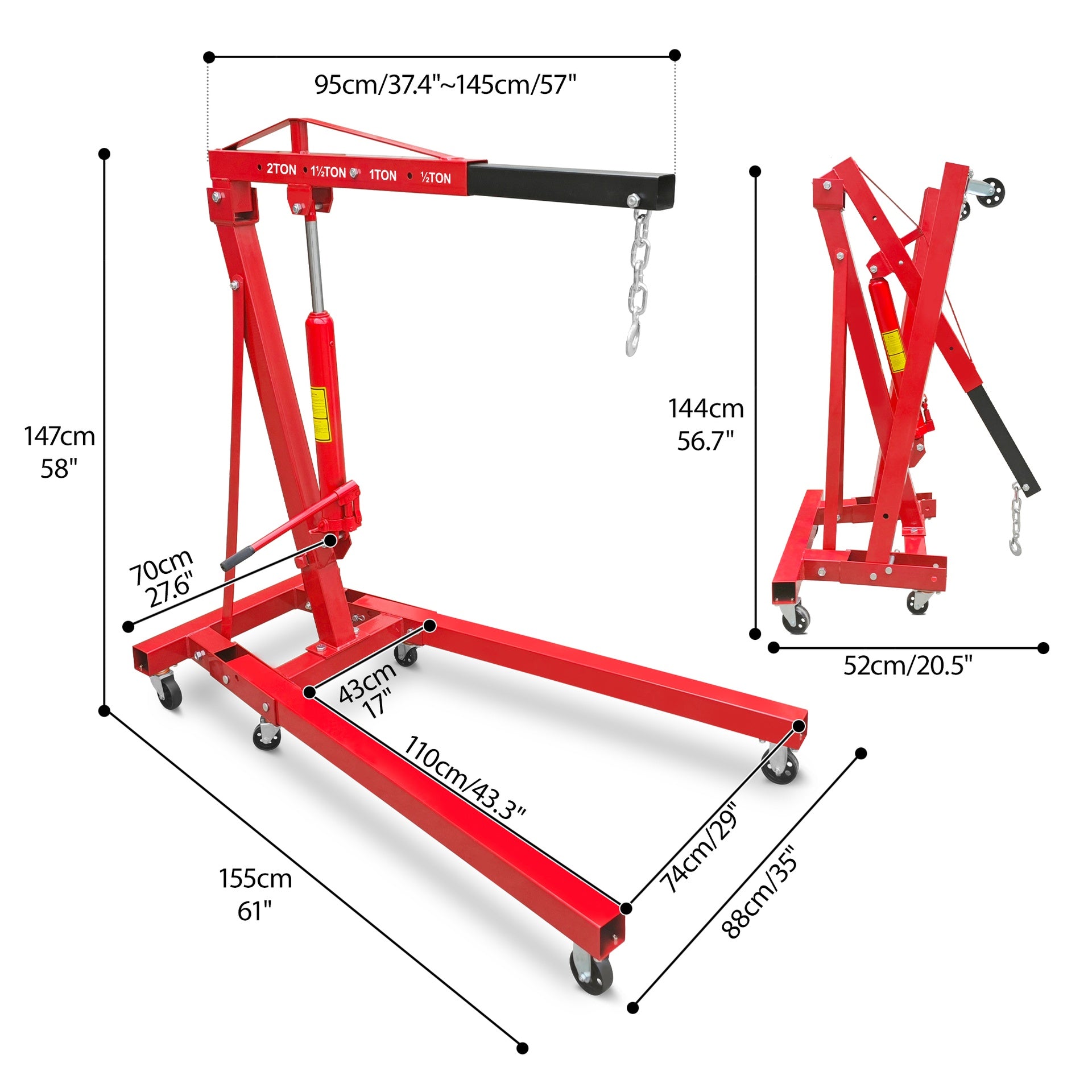 2 Ton Folding Hydraulic Engine Hoist with Lever, 4400 lbs Folding Engine Shop Crane Hoist Lift, Heavy Duty Cherry Picker Engine Lift with 6 Iron Caster Wheels for Garage Workshop