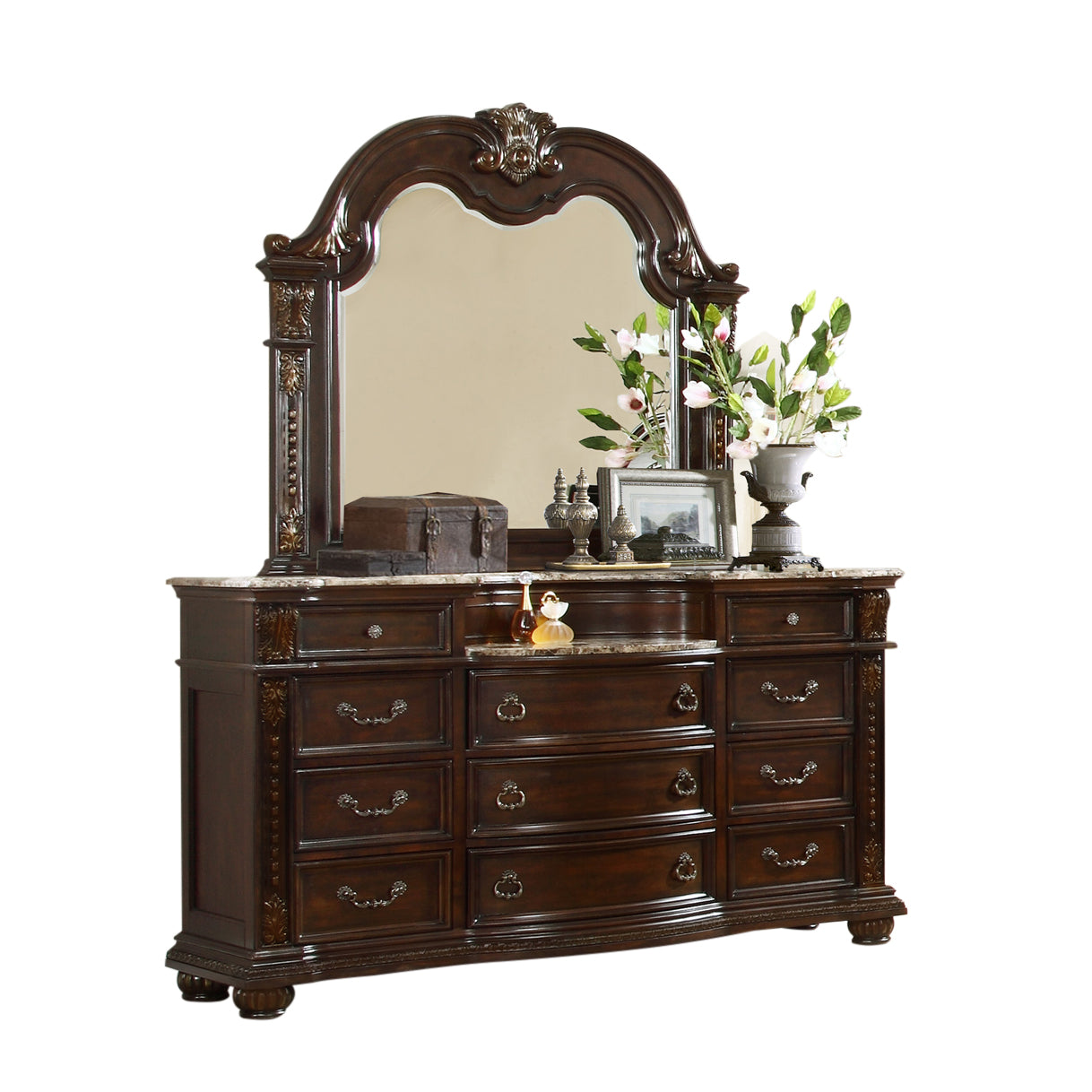 Traditional Style 5Piece King (Includes: King Size Bed, Nightstand , Dresser, Chest and Mirror) Button Tufted Bedroom Set Made with Wood in Dark Walnut