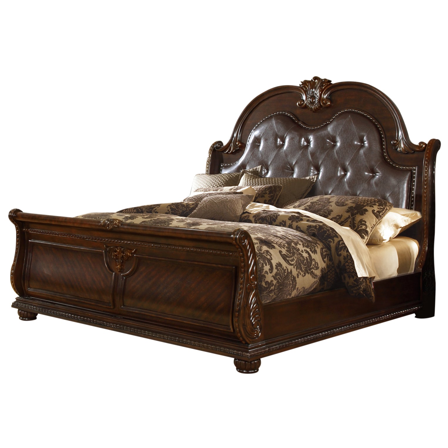 Traditional Style 5Piece King (Includes: King Size Bed, Nightstand , Dresser, Chest and Mirror) Button Tufted Bedroom Set Made with Wood in Dark Walnut