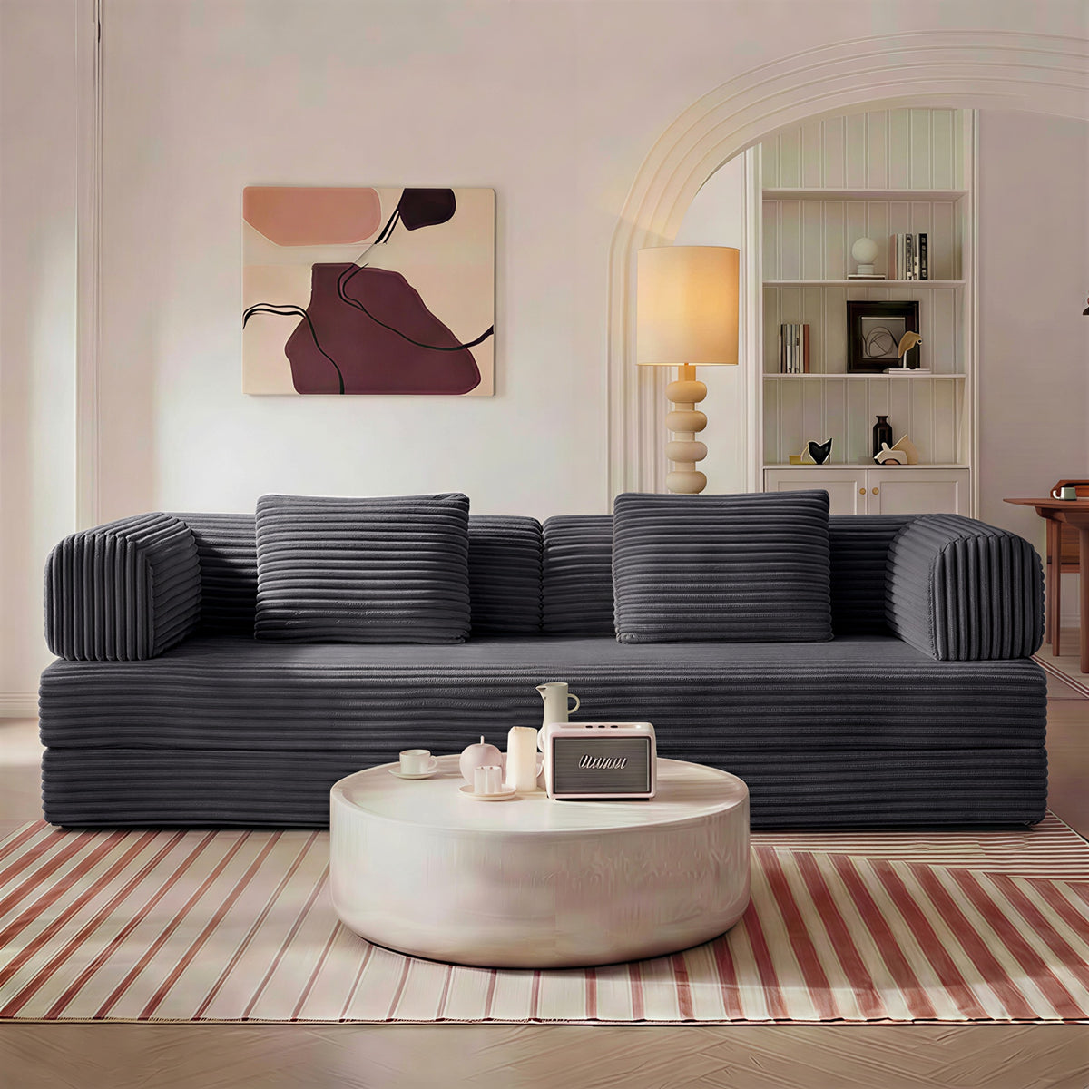 Compression Sofa,Convertible Floor Sofa Bed-with Pillow Back Support Armrest,Comfy Futon Couch Sleeper Bed,Loveseats Boneless Modular Sectional Sofa,Corduroy fabric,for Living Room,Bedroom,GREY