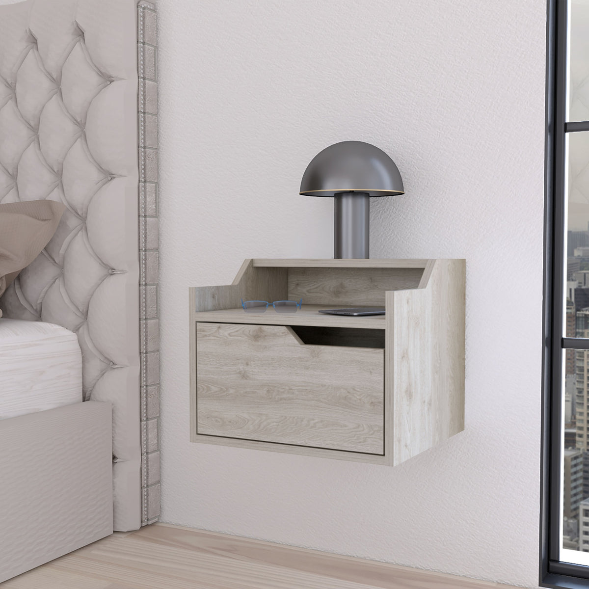 Florence Floating Nightstand with Drawer and Dual-Shelf Display