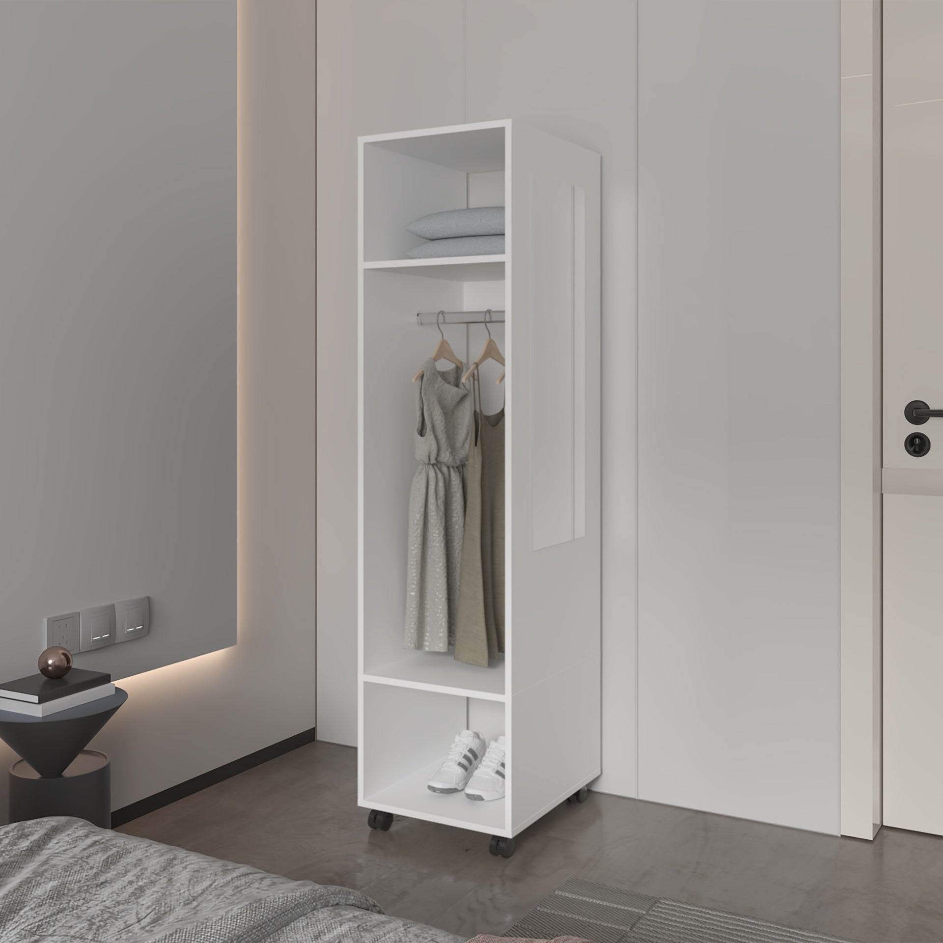 Benson Wardrobe in melamine with mirror and open storage