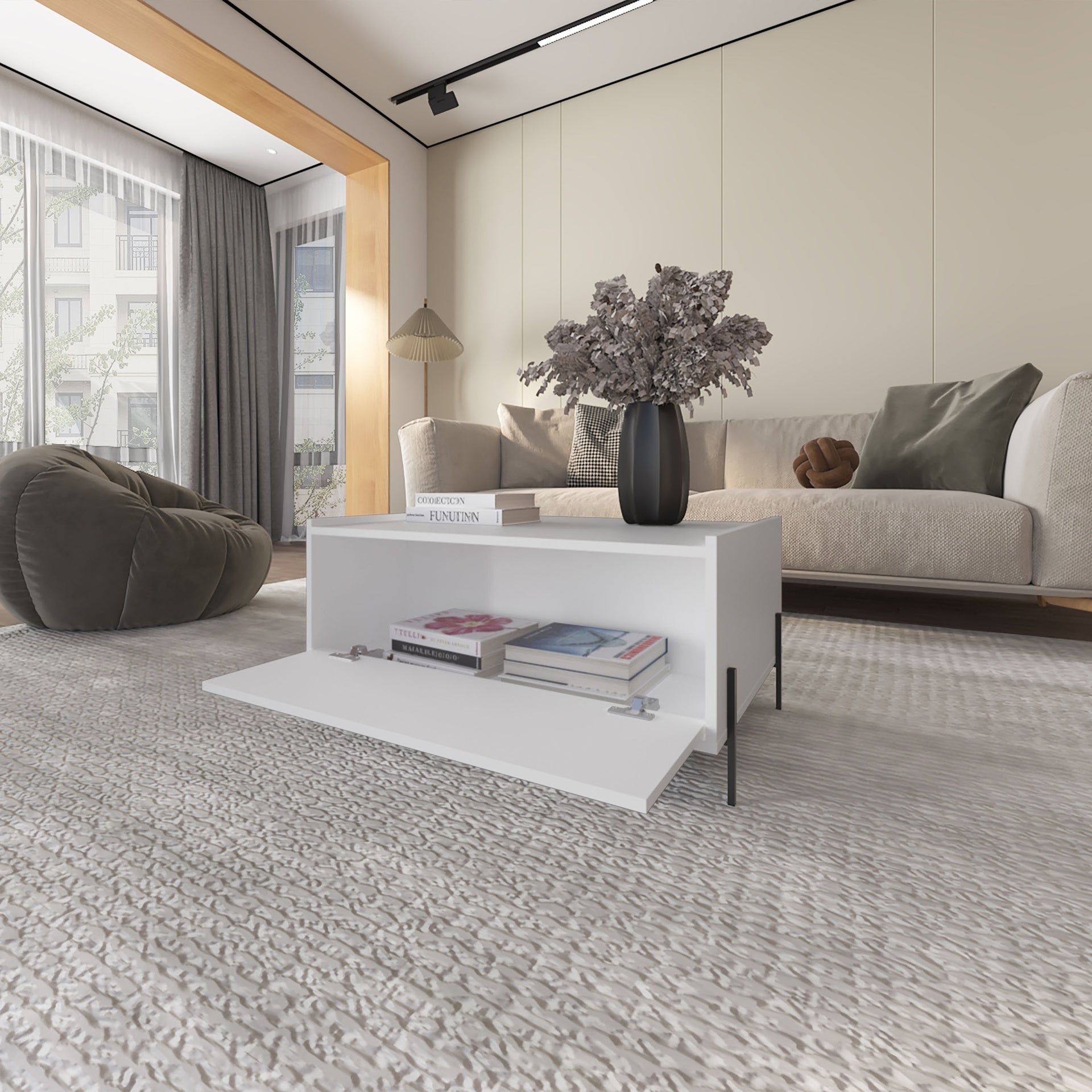 Glendale Coffee Table with Flip-Down Door in Melamine, White