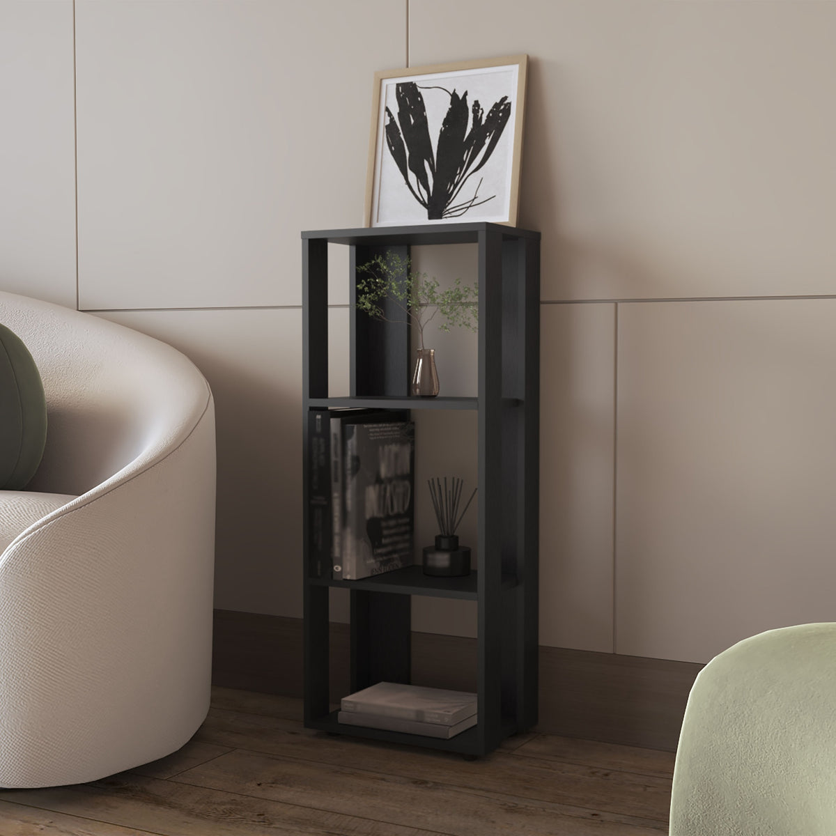 FM FURNITURE Modoc Bookcase in Melamine with Open Storage, Black