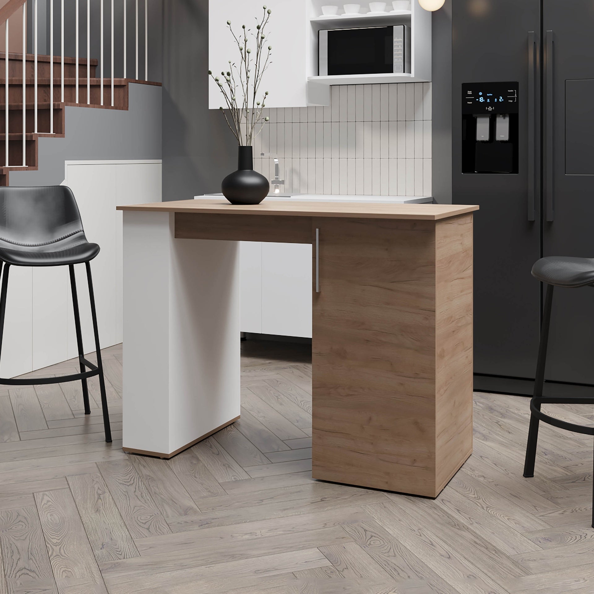 Vernon Kitchen Island with 1 Door and Open Storage, White and Natural Oak