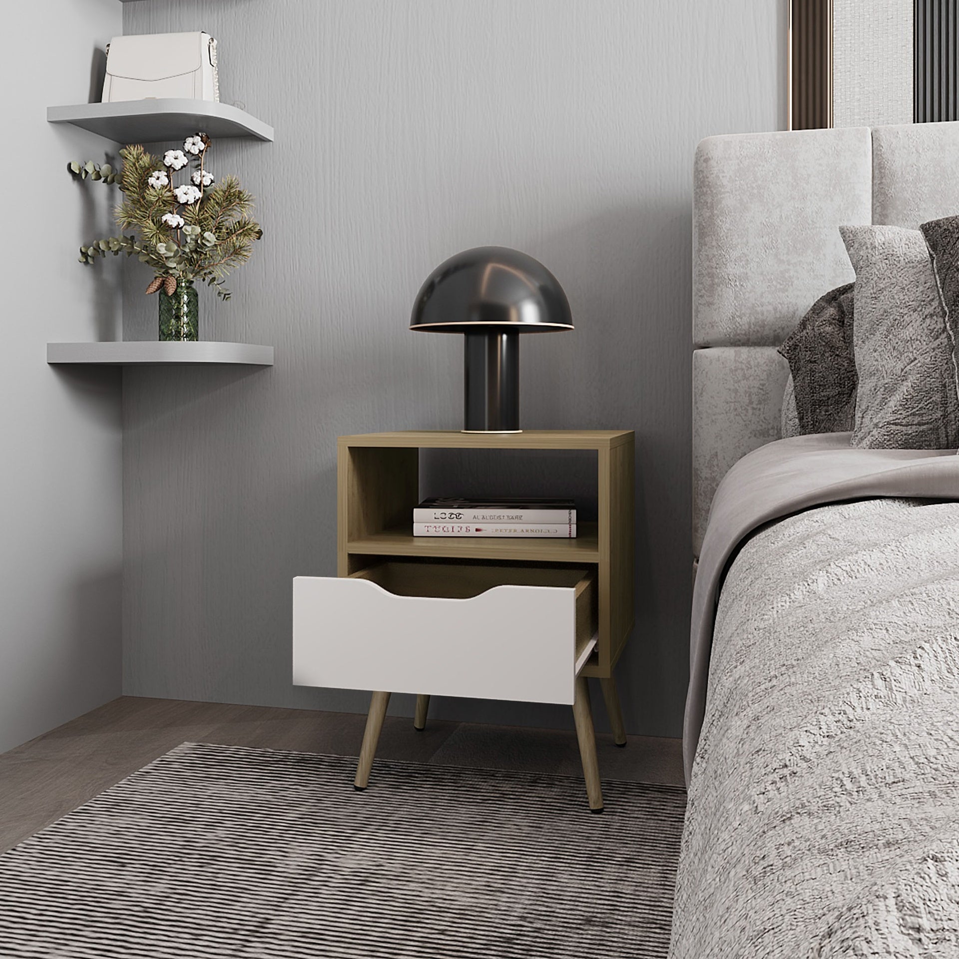 FM FURNITURE Prescott Valley Nightstand with Open Storage, Natural Oak and White