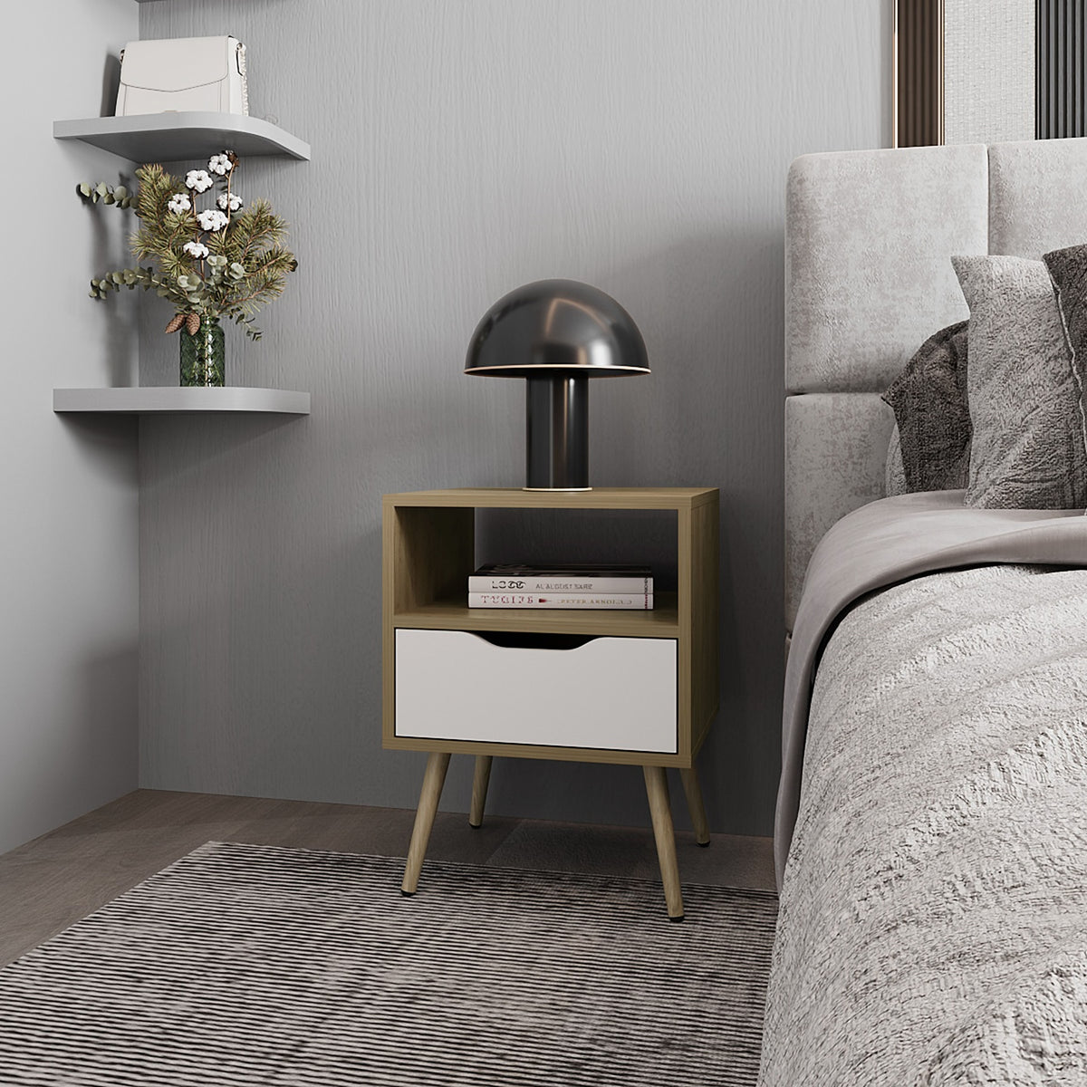FM FURNITURE Prescott Valley Nightstand with Open Storage, Natural Oak and White