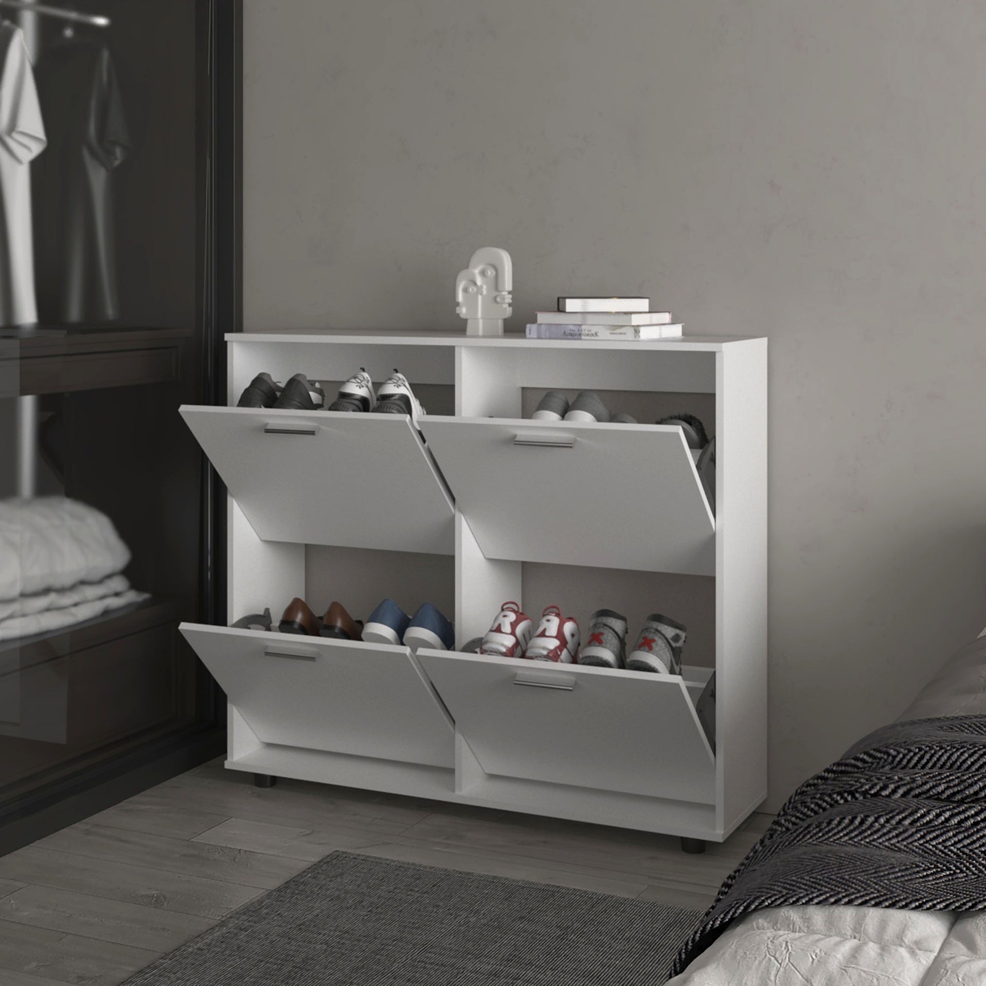 FM FURNITURE Nutrioso Tilt-Out Shoe Storage Cabinet with Multiple Compartments and Modern Desig, White