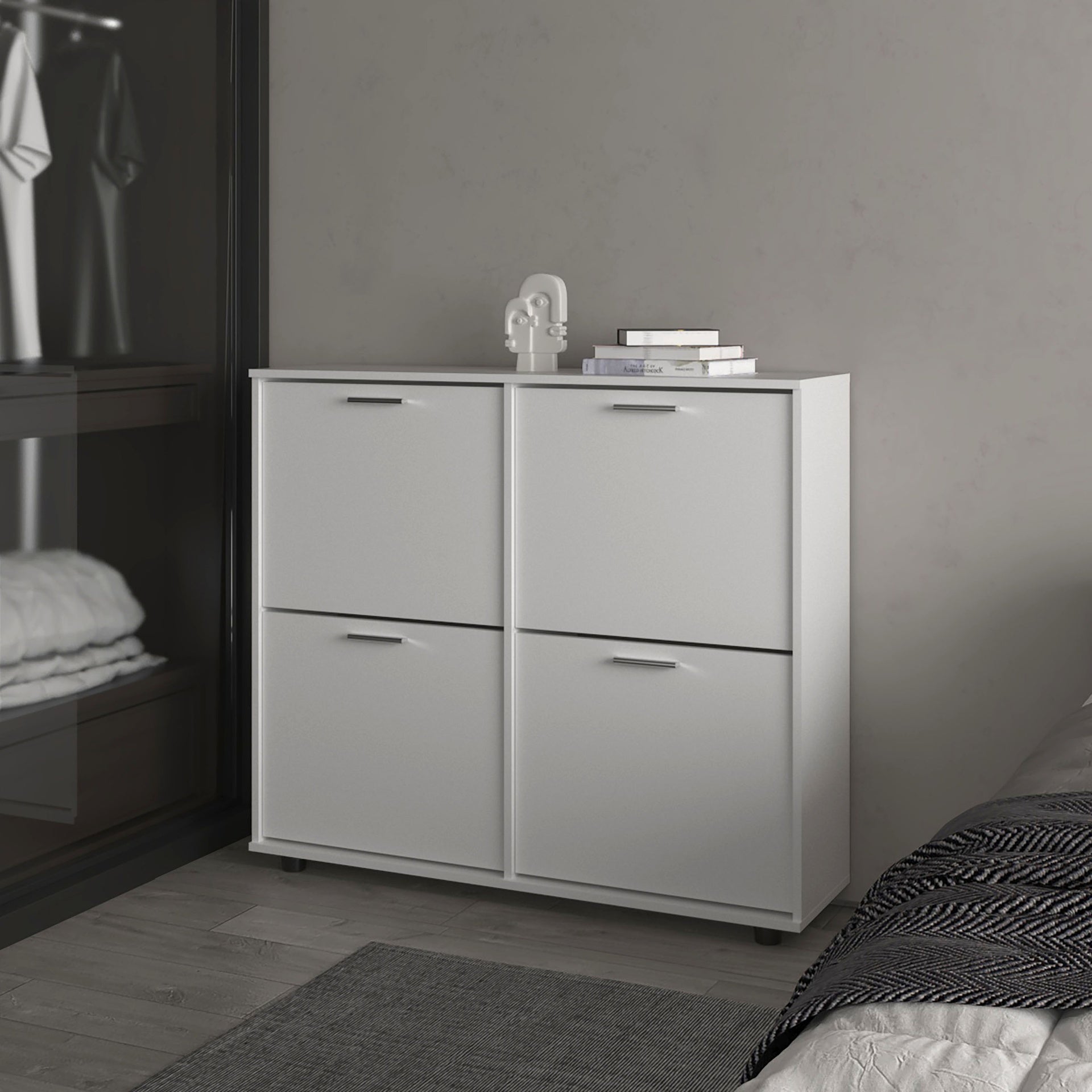 FM FURNITURE Nutrioso Tilt-Out Shoe Storage Cabinet with Multiple Compartments and Modern Desig, White