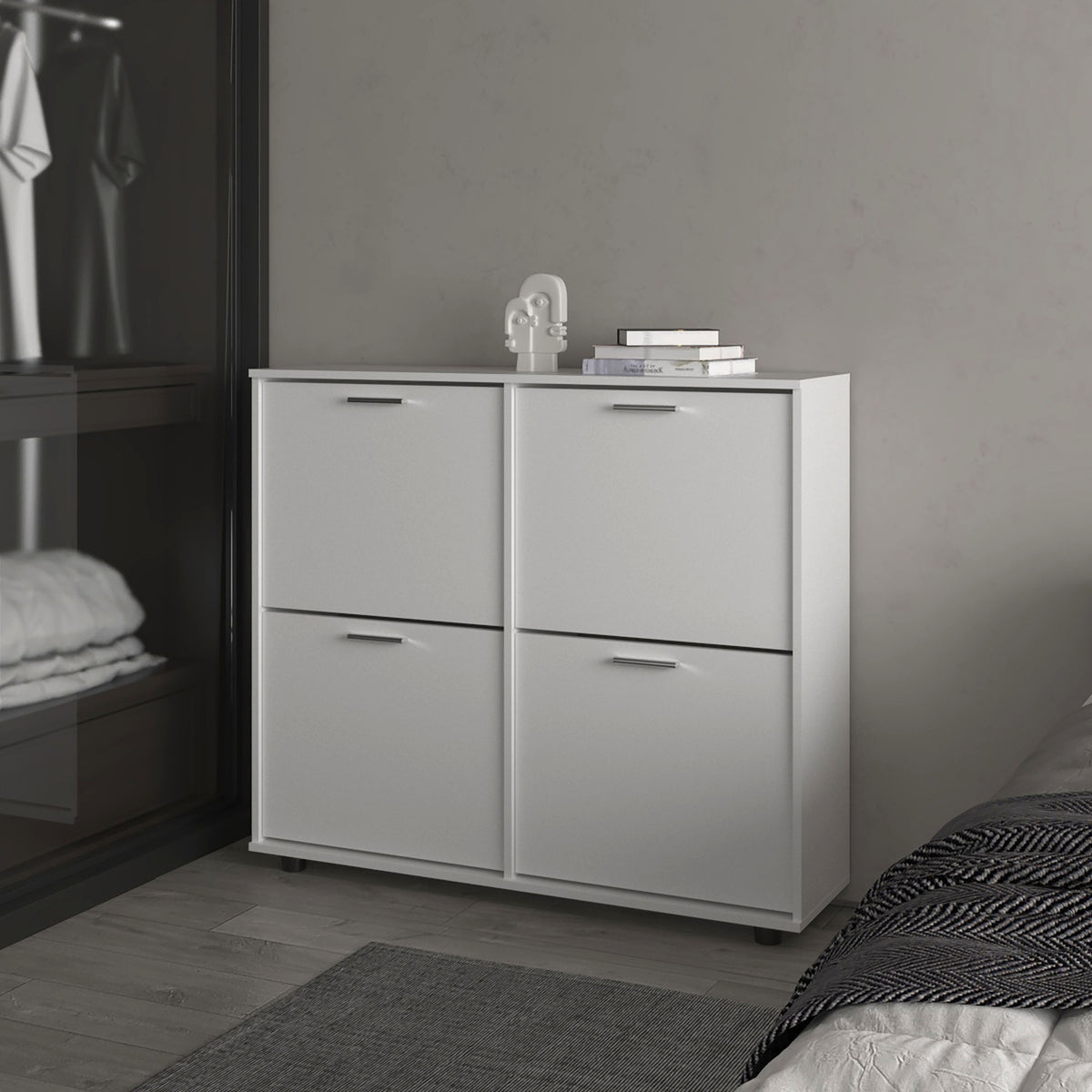 FM FURNITURE Nutrioso Tilt-Out Shoe Storage Cabinet with Multiple Compartments and Modern Desig, White