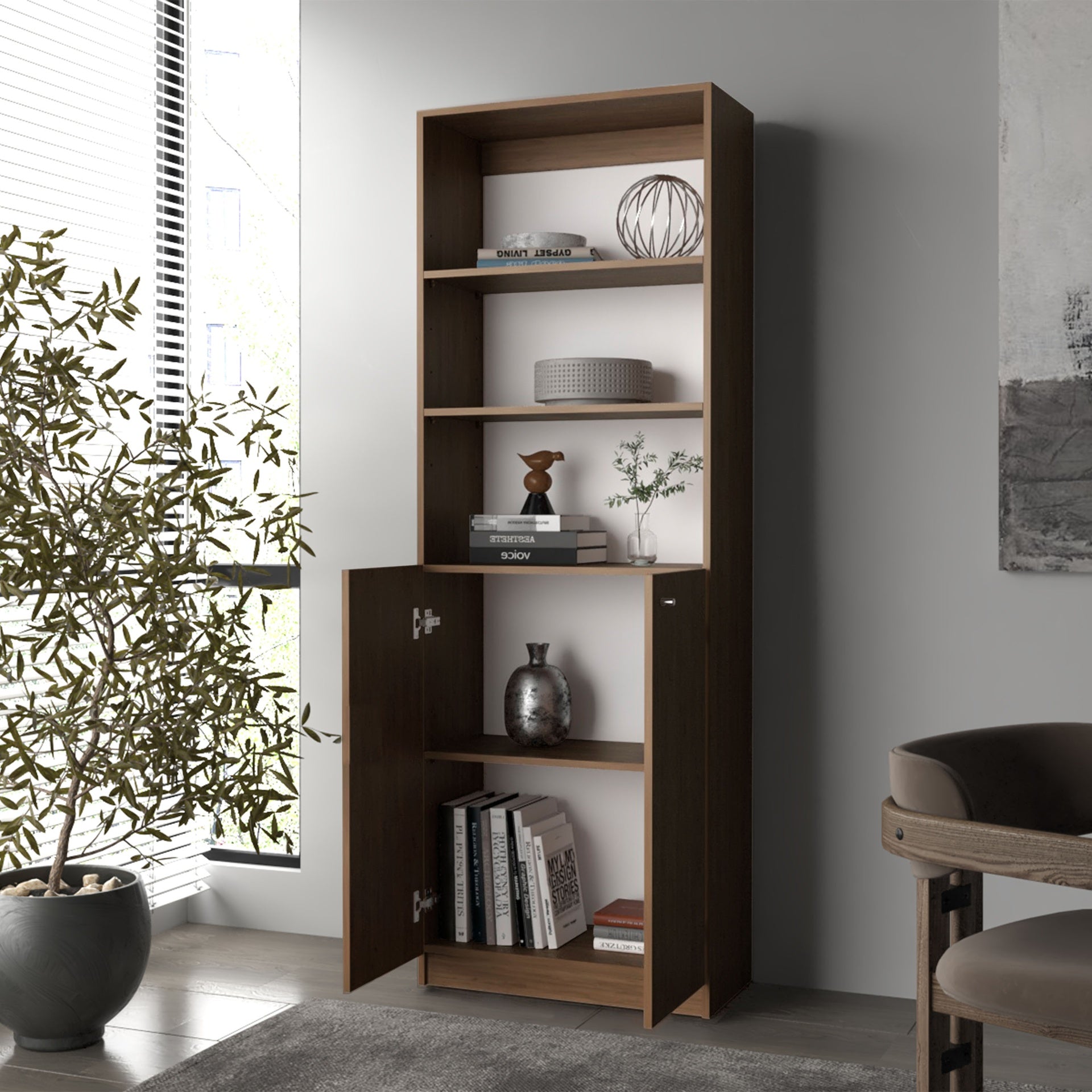 Beyerville Bookcase with Open Storage and 2 Doors, Natural Oak and White