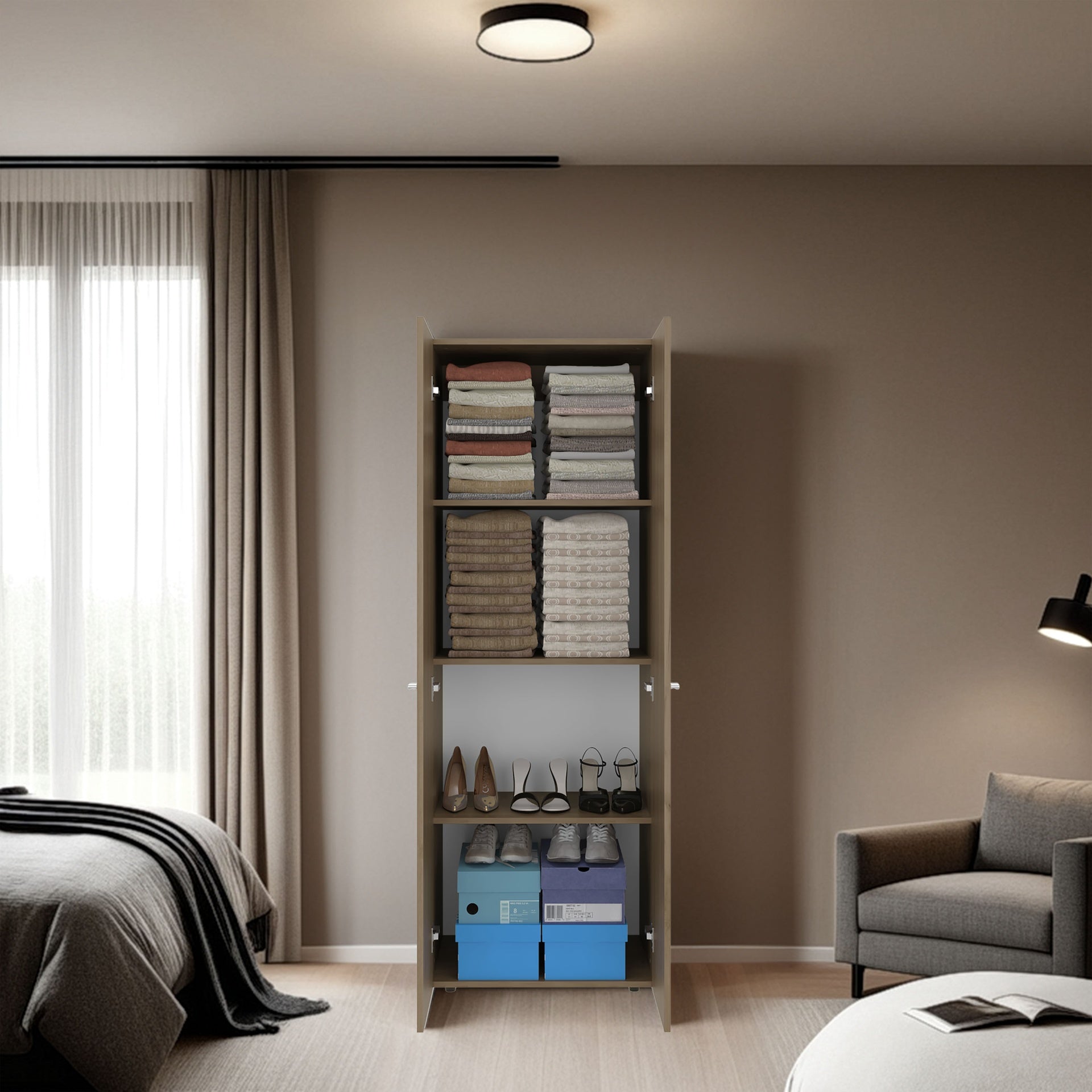 FM FURNITURE World 2-Door Tall Wardrobe Cabinet, 4 Shelves, Vertical Storage, 66.9 inchH 鈥 Bedroom, Natural Oak