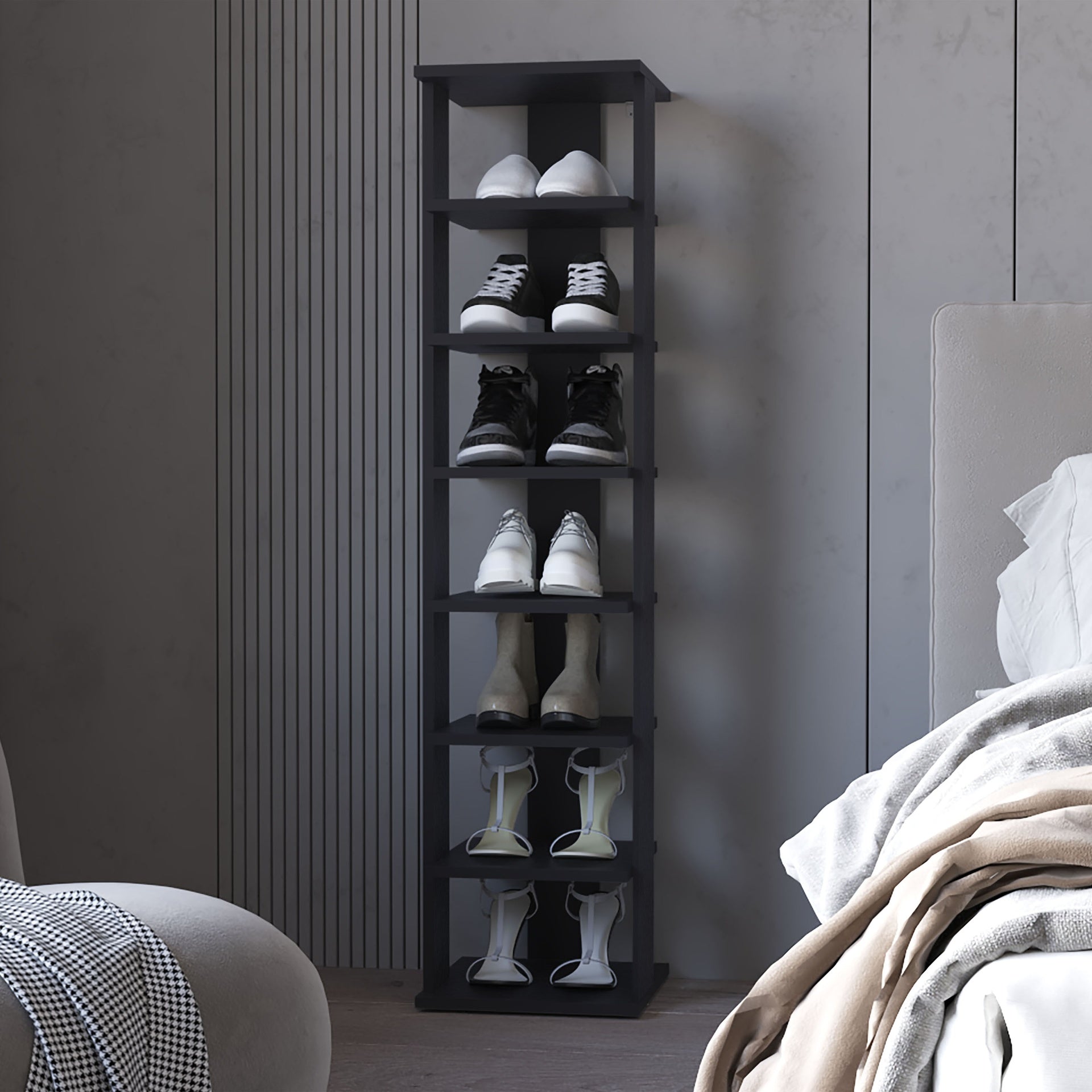 FM FURNITURE Ivonny 7-Tier Tall Vertical Shoe Rack, Freestanding Organizer with Open Shelves, Wenge