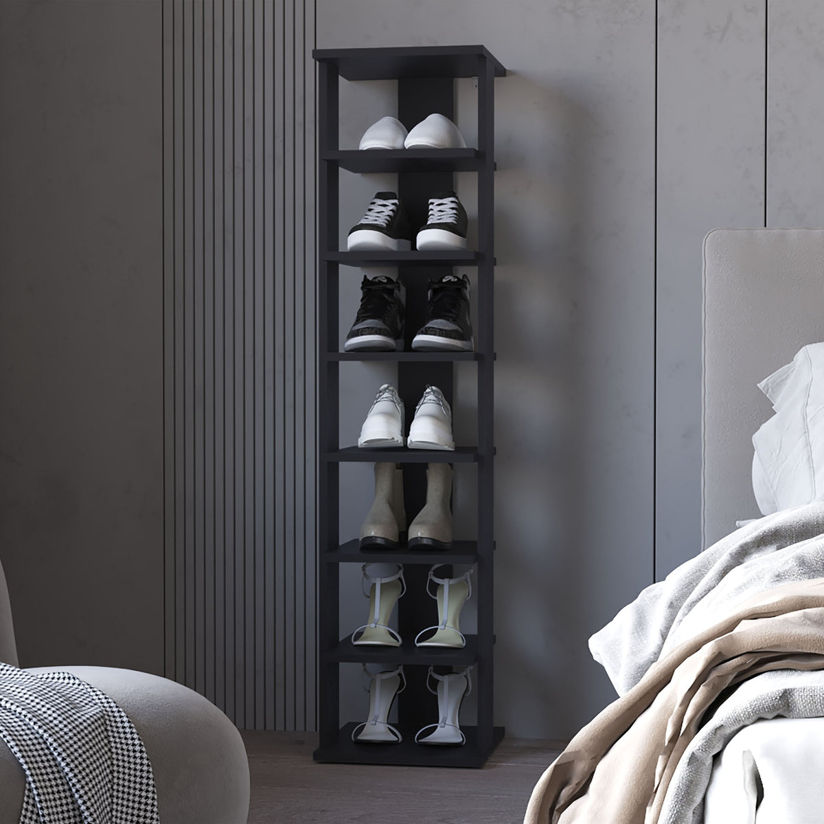 FM FURNITURE Ivonny 7-Tier Tall Vertical Shoe Rack, Freestanding Organizer with Open Shelves, Wenge